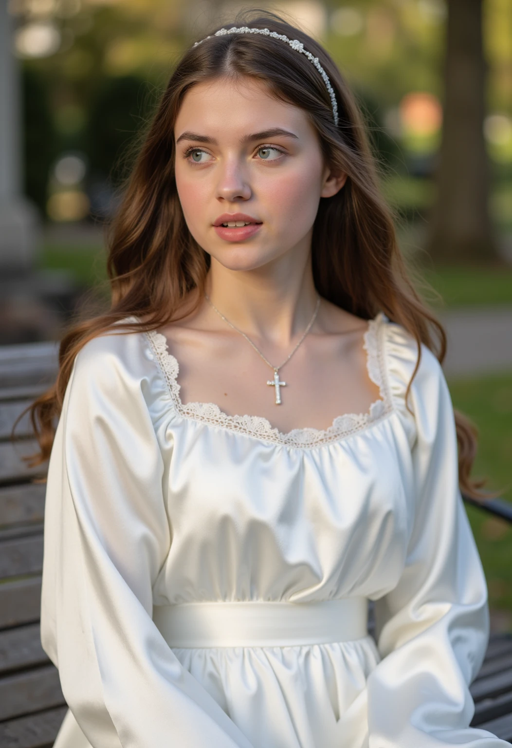 European woman, closeup, sandals, (shirt), pants, ((inside a church: 1.2), stained glass), ZM_elif, wide shoulders, perfect face, (contact iris: 1.1), pale skin, skin pores , looking_at_viewer, depth of field