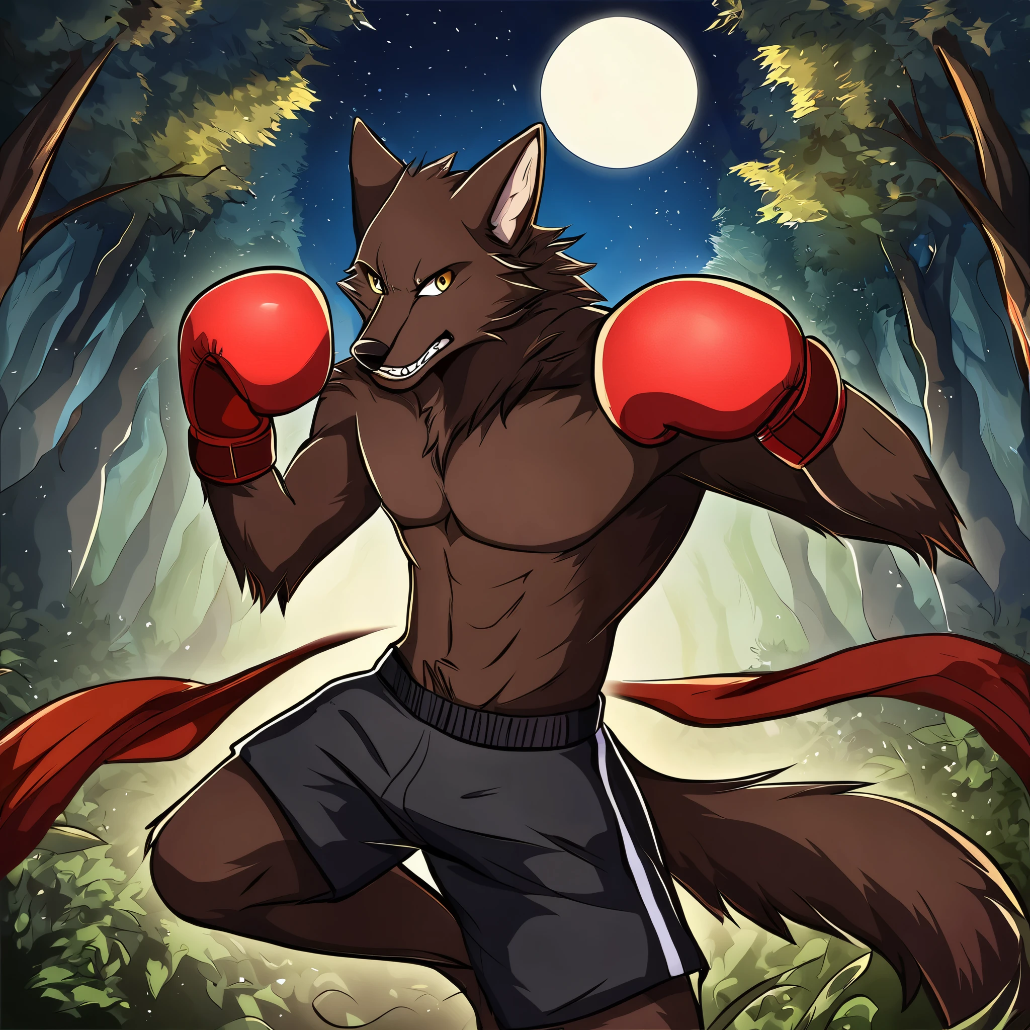 anime drawing style, wolf dark Brown, Fur dark brown, long tail, full body dark brown, dark brown belly, dark brown face, dress shorts and red boxing gloves, in the middle of the forest, night, (shirtless), showing full look, fighter pose, showing his fighting stance, (carelessness),