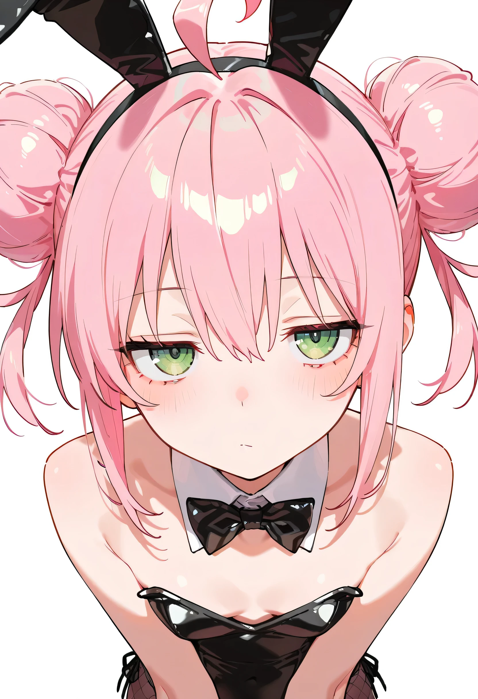 748cmstyle, masterpiece, best quality, amazing quality, anime screencap grinning, flushed, looking at viewer, ponytail, bun hair, ahoge, pink hair, green eyes, jitome, slim, bunny girl, white background