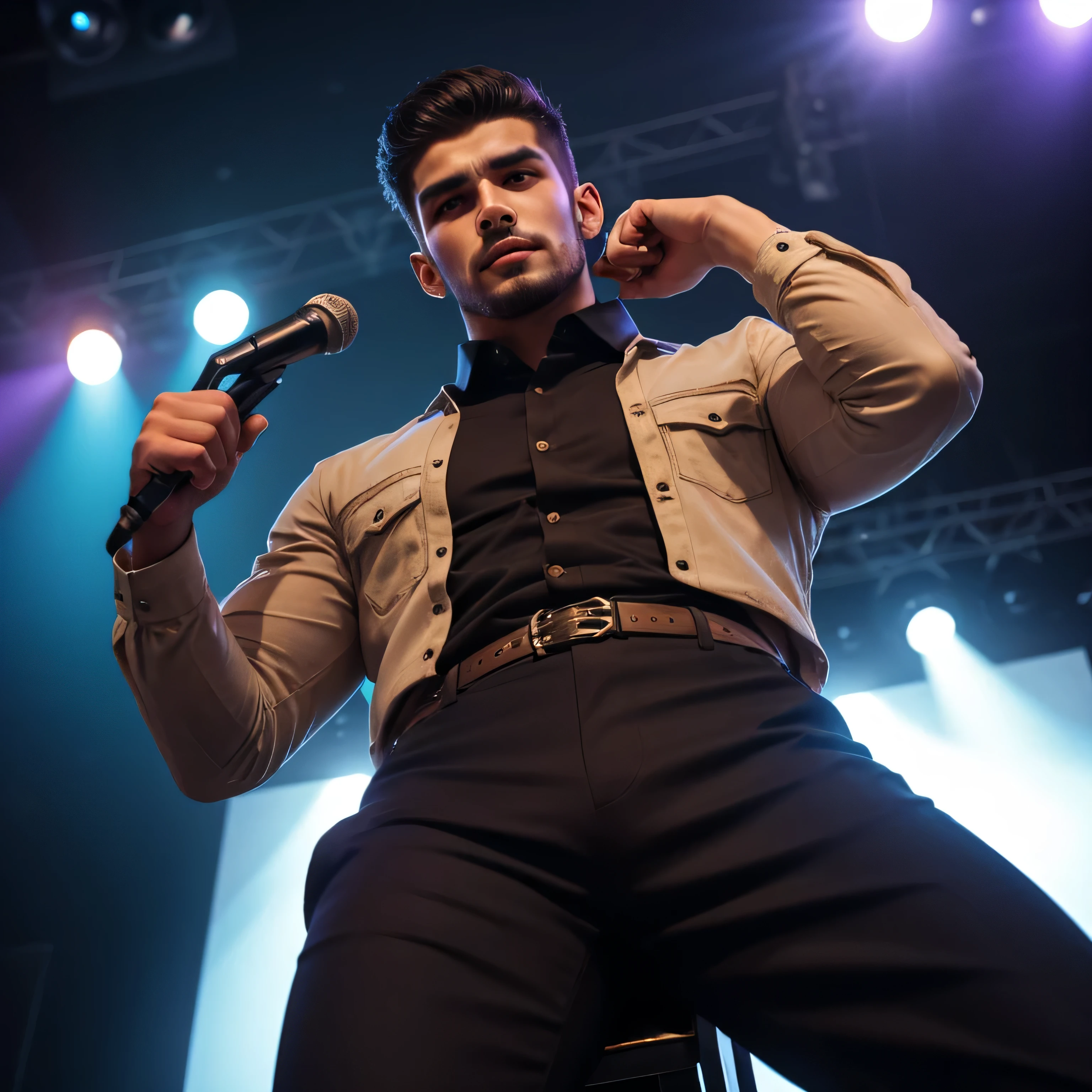 Age 25、handsome guy , 1 Man,uniform、Arabian face 。 short hair short hair 、On stage、Ark。 sit with legs open A manly provocation Black Slim Pants briskly as seen from below。 upper body up Menacing look