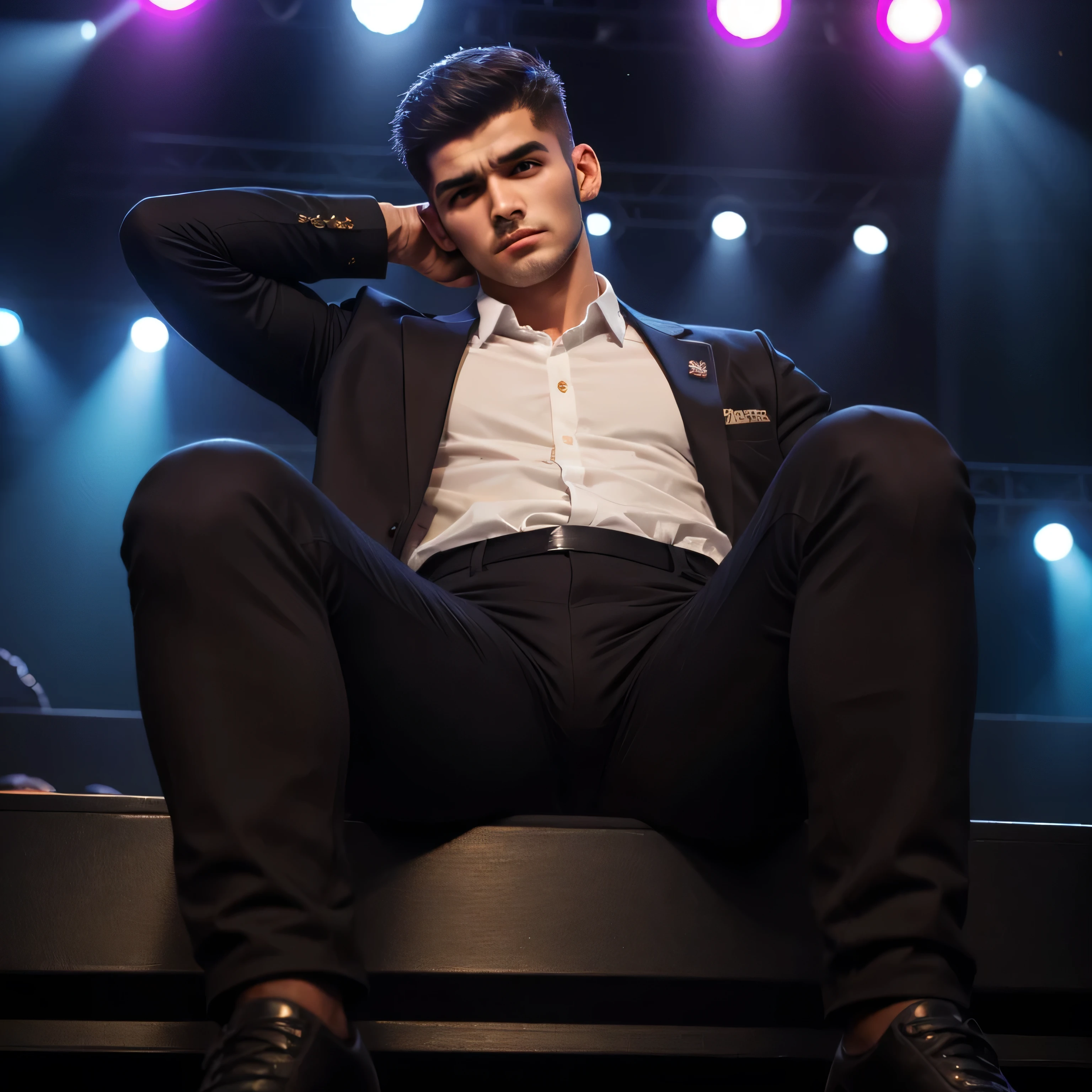 Age 25、handsome guy , 1 Man,uniform、Arabian face 。 short hair short hair 、On stage、Ark。 sit with legs open A manly provocation Black Slim Pants briskly as seen from below。 upper body up Menacing look
