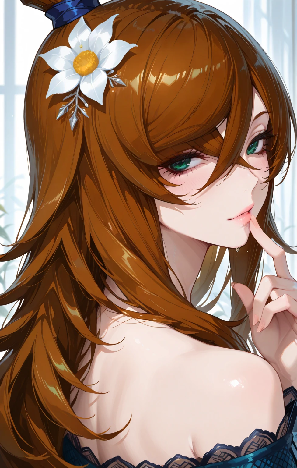1girl,solo,terumi mei, from behind, close up, looking back, bare shoulder, green eyes, hair flower, finger touching own lips,masterpiece, best quality, amazing quality, very aesthetic, absurdres ,optimal quality,ultra detail,high quality
