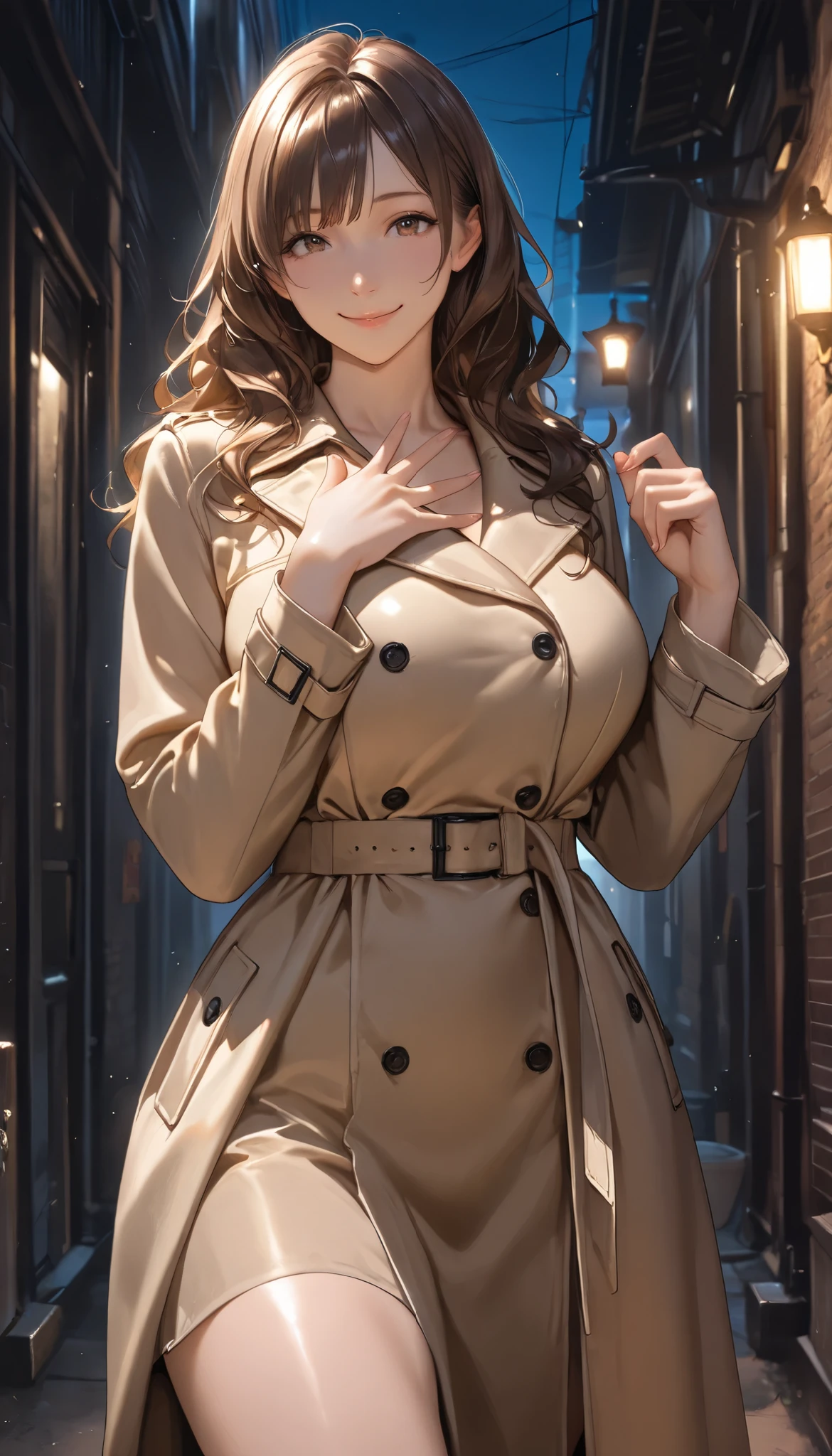 (masterpiece:1.3, Highest quality, Ultra-high resolution, Super detailed), (Realistic, photoRealistic:1.4), Beautiful illustrations, Perfect lighting, colorful, Depth of written boundary, 
Beautiful detailed hair, Beautifully detailed face, Beautiful fine details, Beautiful clavicle, Beautiful body, 美しいLarge Breasts, Beautiful thighs, Beautiful feet, Beautiful fingers, 
(Open Court、Beige trench coat:1.4), ((blouse、Black long skirt 1.4))、
View Viewer、Front view:0.8, Beauty1人, Japanese, Beauty、30 years old, Perfect Face, (Perfect ???????, Anatomically correct), Cute and symmetrical face, Baby Face, , Shiny skin, 
(Black Hair, Updo Hair:1.4),  Dark brown eyes, Large Breasts, Slim body, 
necklace, (Small earrings:1.3), 
(Beautiful views), (night), (city, cityscape in the distance), Are standing, A soft smile、(Smile, Lips parted), 