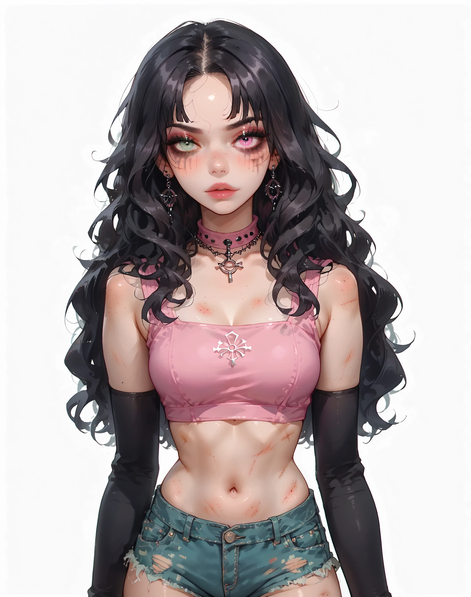 standing on fire escape, 1woman, detailed anime style, long black wavy hair with messy unkept bangs, bruised body with subtle makeup and color-corrected skin, heroin-chic aesthetic, wearing elbow warmers to conceal track marks, frayed jean shorts, dark pink crop top, embodying a kawaii goth druggy vibe, (blue/green heterochromia eyes), (standing behind frame of image:1.5), (black hair:1.5),