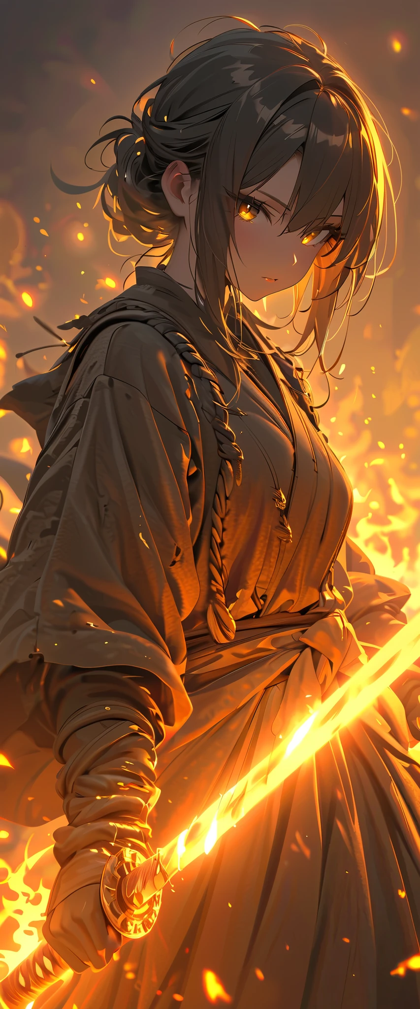 {{{{masterpiece}}}}, {{{high definition}}}, {{excellent anatomy}}, (((best quality))), ((very delicate and beautiful)), {{very detailed and delicate}}, {8k cg wallpaper},(yellow flame emitting yellow light),beautiful eyes, super fine eyes, super beautiful eyes, {{illustration}},sumptuous artwork, ray tracing,burn aura,(flame aura), (chromatic aberration: 1.2),Ronin, Dirty, burning Long Hakama,cool girl,burning katana,yellow fire blade,((Sword Drawing)),((yellow fire hands:1.3)),yellow burning hands,Burning sleeve,high speed spin,black eyes, black samurai hair, ragged body,buggy clothes,(action pose),dynamic angle,