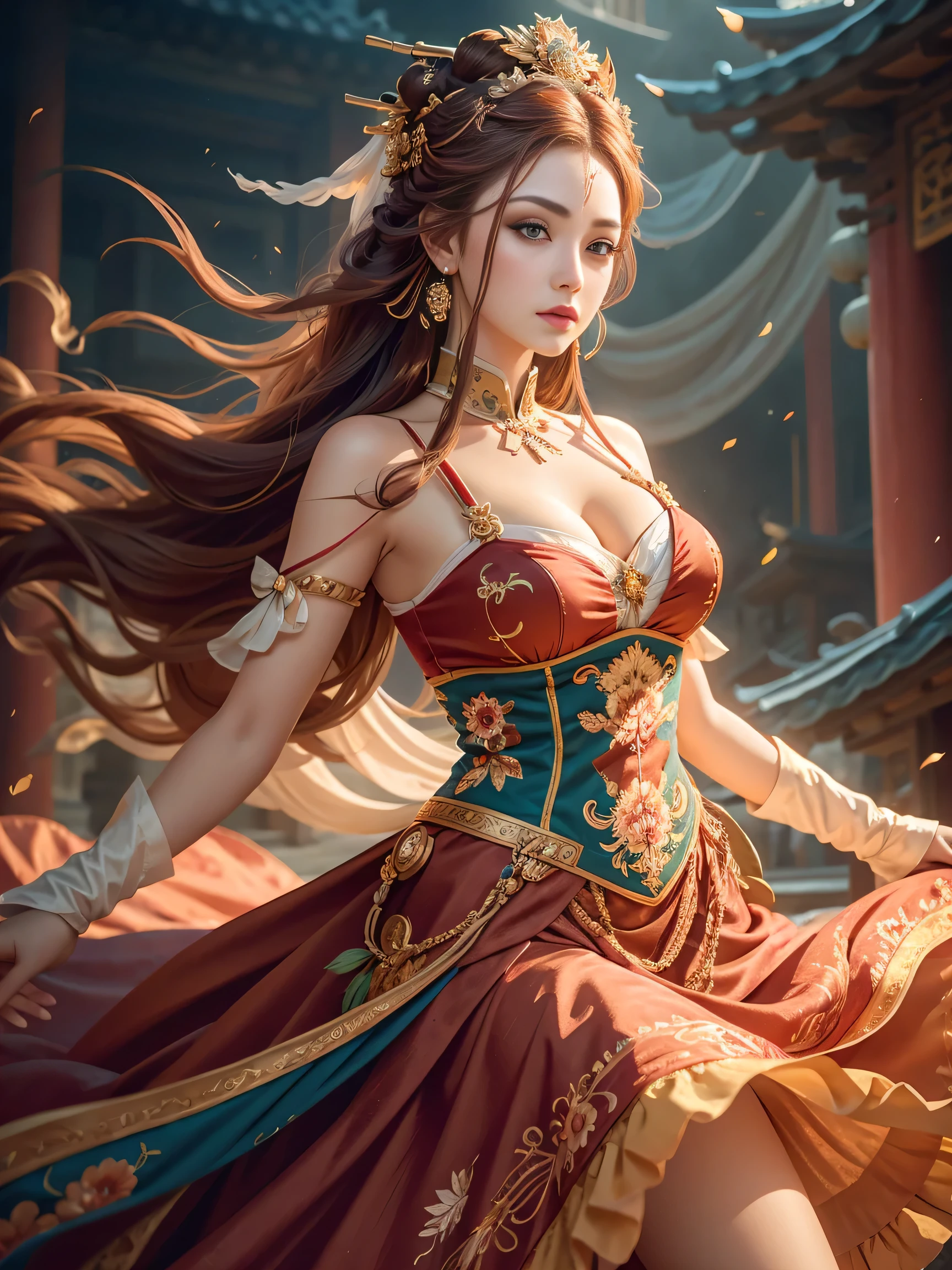 Bestquality,a masterpiece,Ultra-detailed high resolution,(Vivid:1.4),RAW Photos,,illustartion,1girle,(Solo exhibition:1.2),(Cowboy lens:1.2),(Hair crown:1.2),Traditional costumes of Dunhuang, China,strapless,(Red eyeliner:1.2),(Black eyes:1.4),earings,Dynamic angle,opera house,messy_long_hair,ink,Cinematic Light,lens_flare,velvet,chrysanthemum,tassels,Ribbon,Colorful embroidery,upper half body,facing the lens,Dynamic Pose,Large,Embroidered cloth shoes