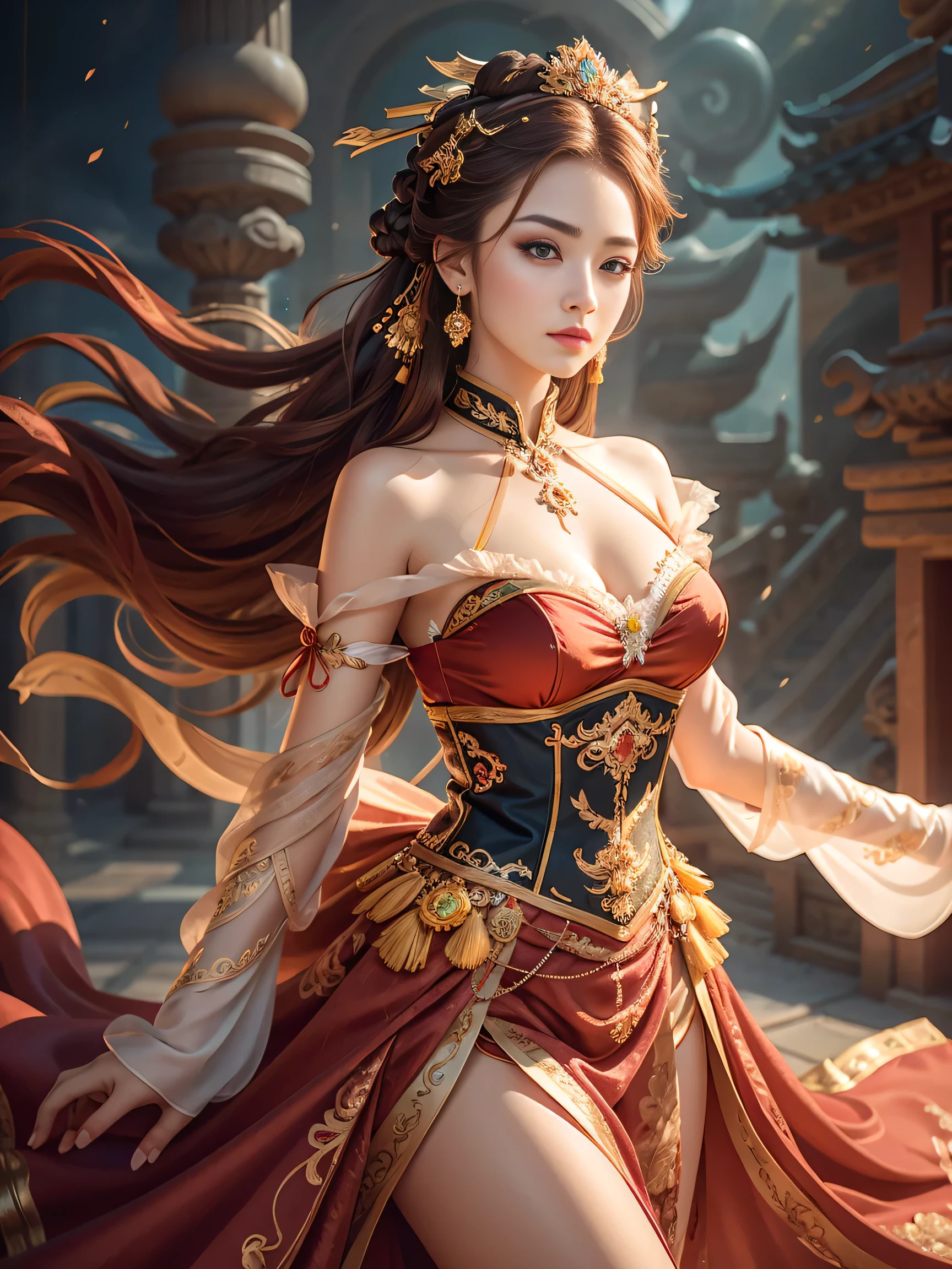 (Digital art, fractal art, official art, beautiful and aesthetic, ultra detailed, beautiful, masterpiece, best quality:1.8), (1girl:1.2), Detailed face, Detailed eyes, Detailed hair, Detailed fingers, five fingers,
_
BREAK cute ig model, Japanese cute model, 22 years old, Tightened body, small head, small face, small mouth, diamond Face, small nose, Sharp Faceline, smile,Teeth, (dropy eyes, Double eyelid, Light color eyes, Moist eyes, Shiny eyes:1.2), Shiny hair, Shiny skin,
_
BREAK (happy, smile, Teeth), beautiful Teeth,
BREAK (Duel:1.4), (red and gold theme:1.4), (red beret:1.4), (short sleeve (red military officer uniform top) with double-breasted:1.4), (double-breasted:1.2), ((red) tiered skirt with gold ruffles:1.4), ((gold epaulet, gold Aiguillette):1.3), (extremely detailed gold embroidery:1.3), (red thigh high boots with gold lace-up:1.3), (long glove:1.3),