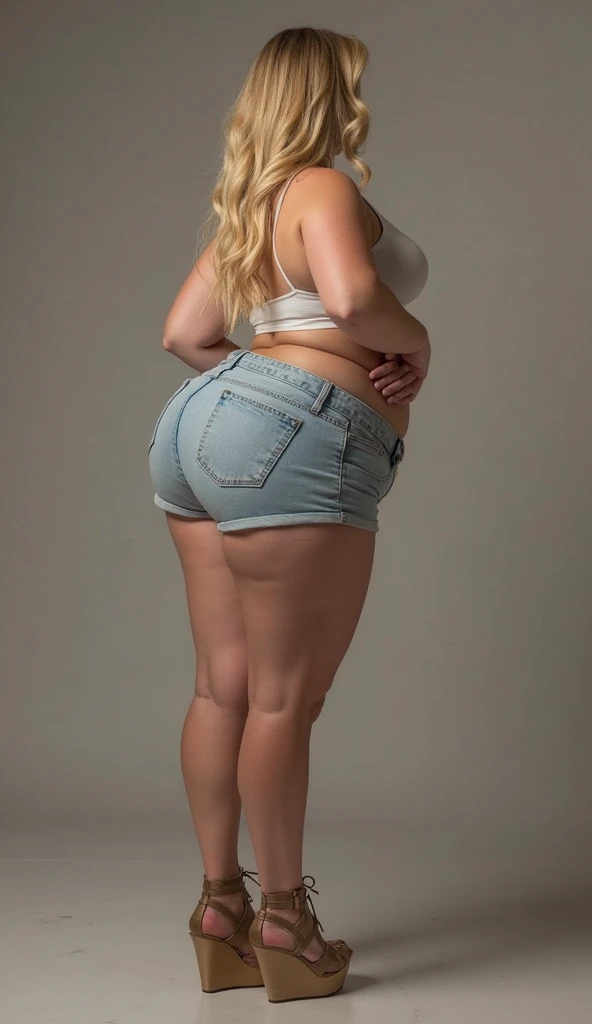 lifelike, high - resolution, full body, girl with a perfect body, amazing beauty, extraordinarily attractive, Super fine face and eyes, beautiful smile, long blonde hair, light denim shorts, big busty, colossal, Exposed cleavage, bare chested, wet, flip flops, pretty feet, perfect feet, perfect toes, detailed feet, shown from the back, buttocks exposed