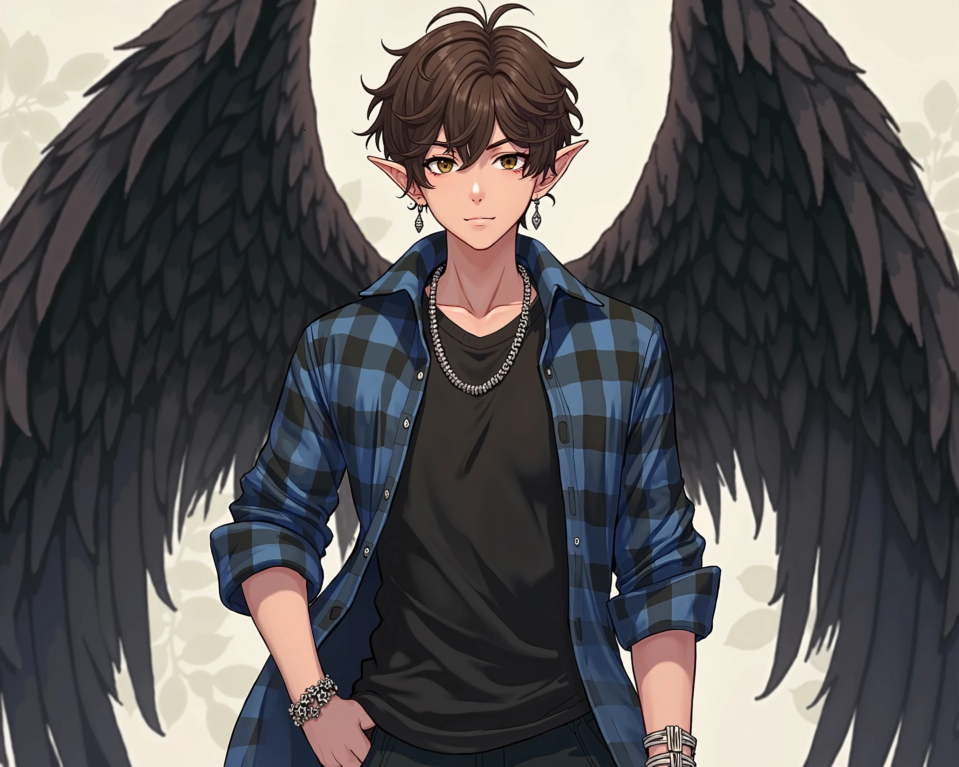 A handsome man with massive, white and black colored wings, dressed in a t shirt and jeans, smiling, holding a halberd in his right hand, white a black hair