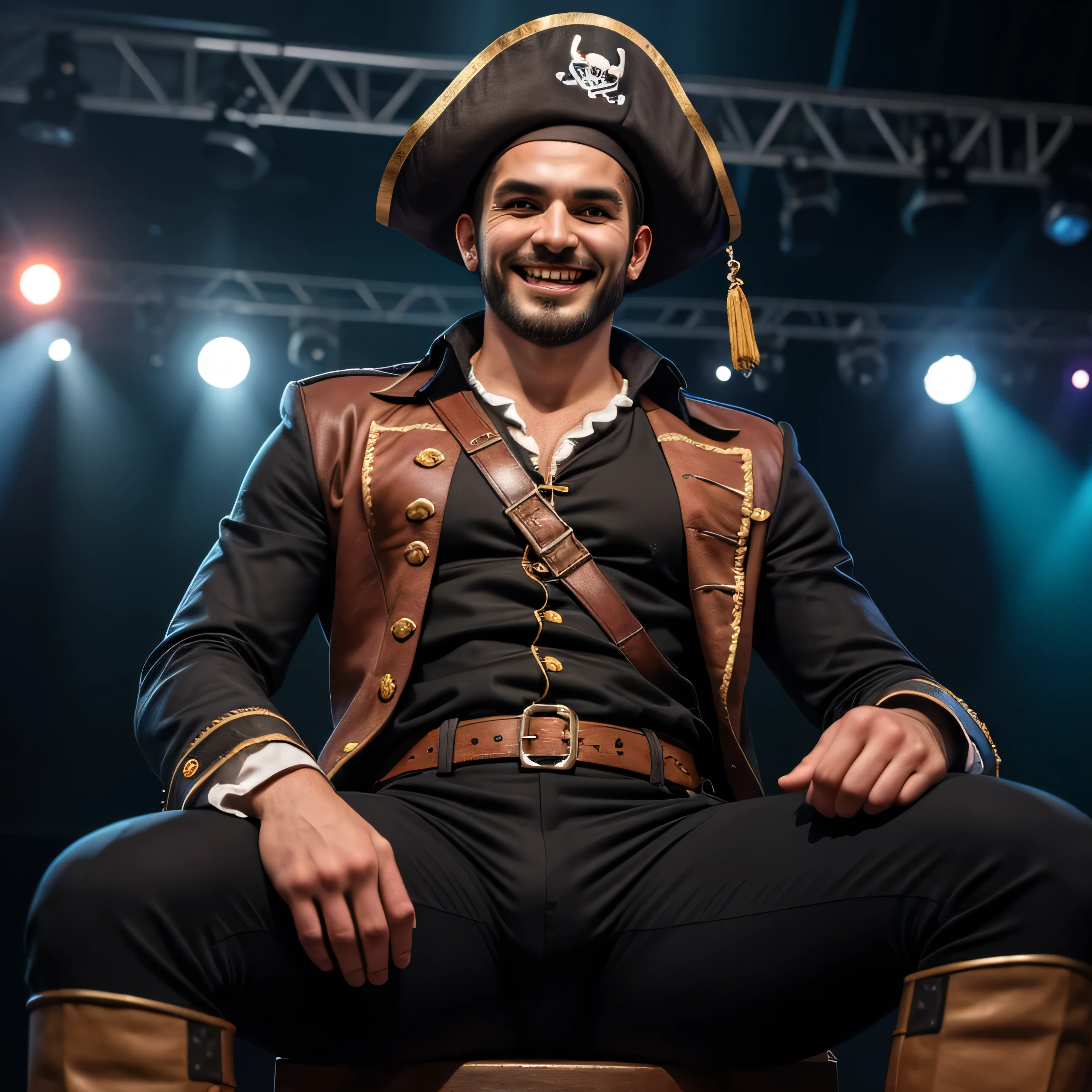 29 years old、handsome guy , 1 Man,Pirate Costume、Arabian face 。 short hair short hair 、On stage、Ark。 sit with legs open A manly provocation Black Slim Pants briskly as seen from below。 upper body up Menacing look Grin