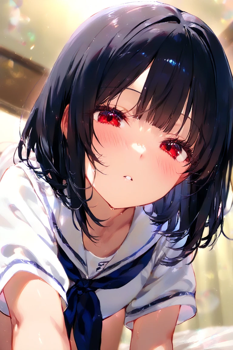 Sit and lean against a wall,looking ahead,from above,handjob,side view,face focus,open mouth,tongue out,cum on tongue,Licking the penis,(1girl,Beautiful 14 year old girl),((Slender,Small breasts,Baby Face,Small face,)),looking at viewer,Black Hair,bangs,two side up,Gray Eyes,Drooping eyes,slit pupils,narrow eyes,,Short sleeve shirt,Checked tie,Checked mini skirt,Beautiful and detailed anime art,Mischievous smile,Dimly lit room,Simple Background,Gray background,Low lighting