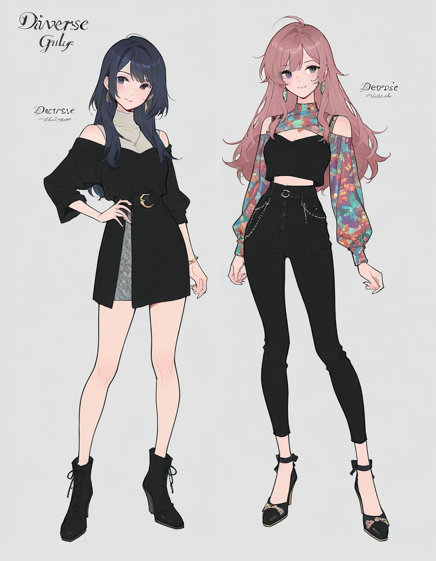 (2 adult girls), anime characters, outfit designs, diverse outfits ...