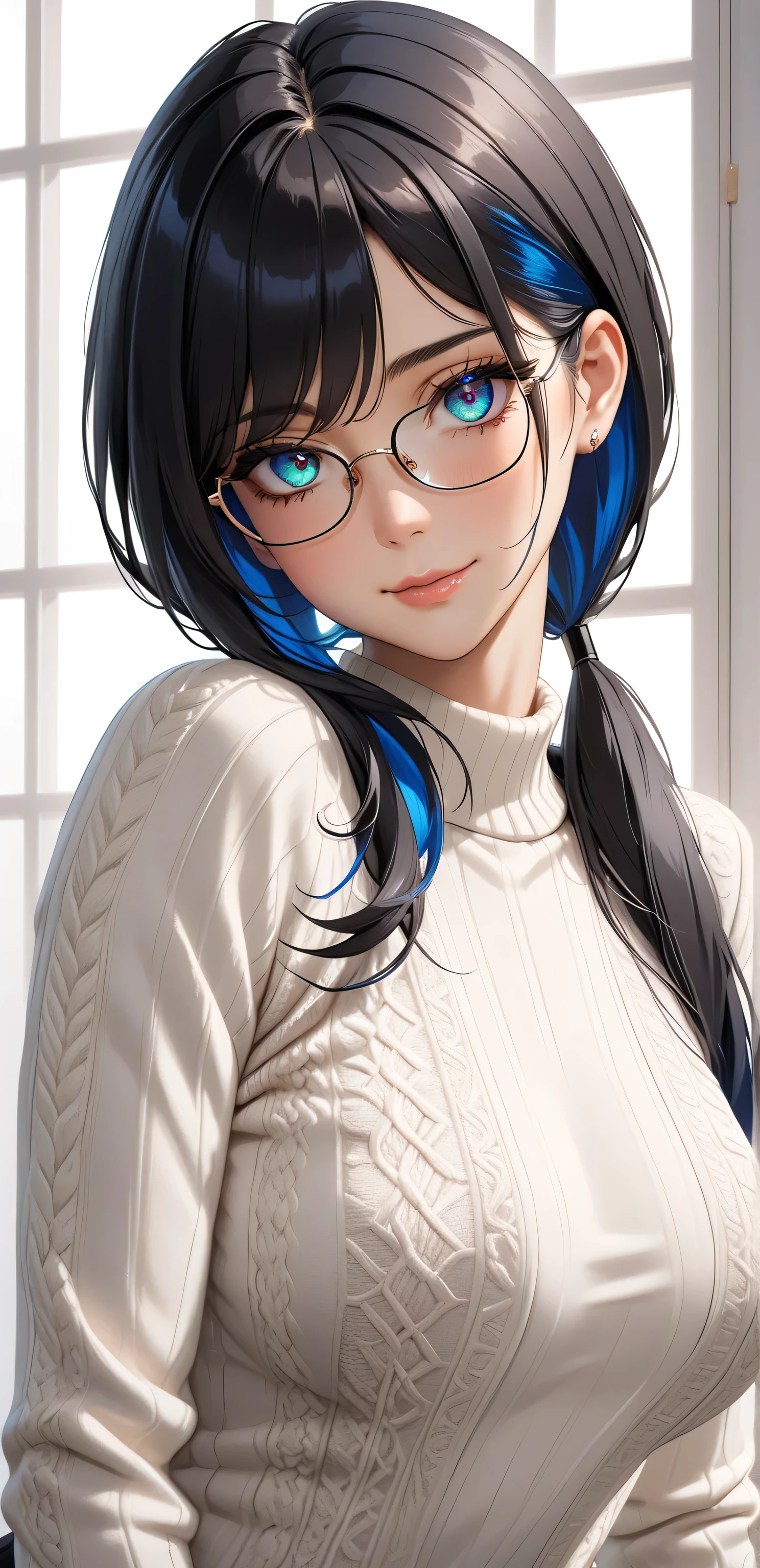 Random Sexy pose , ((Ultra detailing)), ((elegant mature women)), ((very aesthetic, best quality, ultra detailed)), intricate details, 1girl, ((long hair, Black hair, low ponytail, blue inner hair)), ((Multi colour eyes)), ((Detailed eyes)), ((Beautifull eyes)), ((prefect eyes)), ((Ultra detailing eyes)) ,medium breast, sharp jawline, long hair, shy, Licking her lips, cute smile ,(sweater, sexy glasses)),