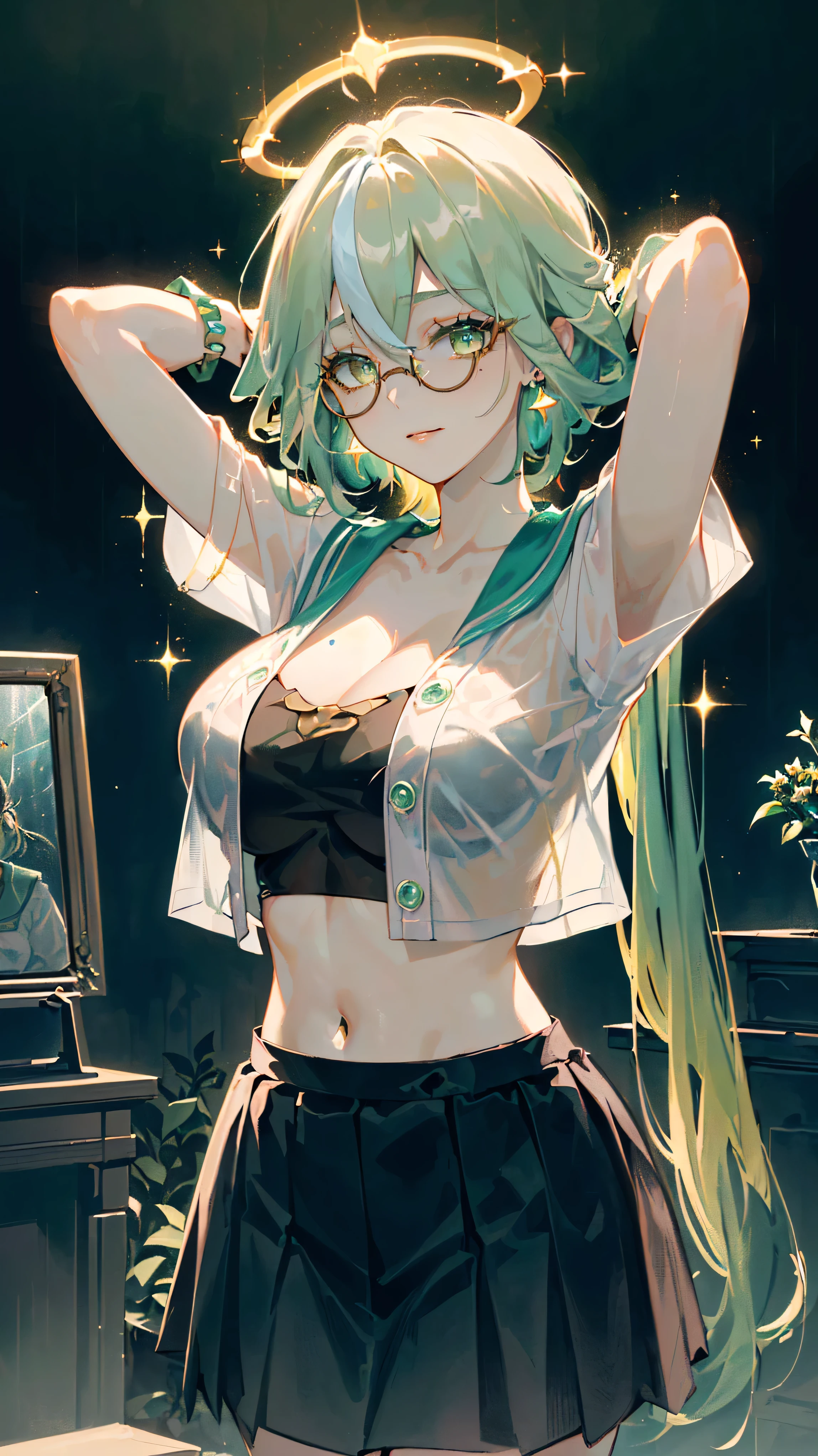 4k, 8k, masterpiece, best quality, 1girl, (slim fit:1.5), korean beauty, (round trimmed glasses:1.4), (white skin:1.3), (glossy skin, reflective skin), high noble, cute smile, shy, blushing, elegant pose, open pose, looking at viewer, from below, below view, (arms up, arms behind head, tying hair:1.5), close up, portrait, (solo focus, cowboy shot), (perfect collarbone:1.5), (eyes liner, eyes makeup, eyes shadow:1.5), (ancient greece:1.5), (heavy rain:1.5), (colossal limestone pillars:1.5), (golden engravement:1.5), (colorful flower boutiques:1.5), (ancient greek goddess:1.5), (angelic halo:1.5), (ancient greek style:1.5), (school girl:1.5), (white sailor uniform:1.5), (overhang croptop, tied shirt:1.5), (cleavage), (micro pleated skirt:1.5), (exposed underboob:1.5), (thin silky fabric:1.5), (see through shirt:1.5), (earrings, bracelets, jewelry:1.5), (hairpin:1.5), accurate anatomy, (messy hair:1.5), (hair between eyes:1.5), (long bangs:1.5), (hair over one eye:1), (floating hair:1.5), (extremely long hair:1.5), (multicolored gradient green hair:1.5), (multicolored gradient pastel hair:1.5), (sparkling hair, color changing hair:1.5), (twin drills hair:1.5), (sparkles:1.5), (mesmerising gradient yellowish-green eyes:1.5), red lips, sharp eyelashes, (reflections), dimly lit, 500 years old, expert shading, detailed face, detailed eyes, detailed lips, dramatic lighting,moody colors,cinematic, intricate details, cinematic composition,ominous presence, moody atmosphere, intricate details, oil painting, elegant, mysterious, sensual
