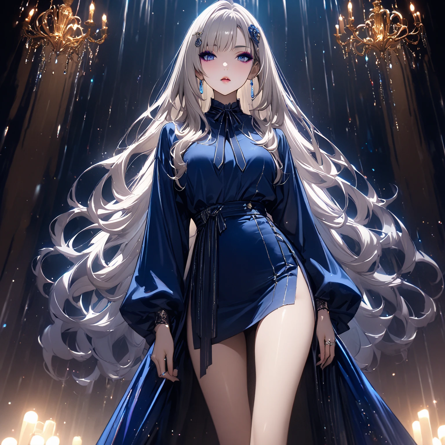 lexington \(warship girls r\), (masterpiece), (high resolution, 8k), (high detailed), girl, 20age, tall, petite, (wavy long hair (dark blonde)), beautiful face, tired smile, small breast flat, ((dark blue crystal themed, shor draped dress)), ((loose pants black colored)), standing on bedroom,fcNeg, Flaxen long hair(delicate hair),blue eyes(delicate eyes),