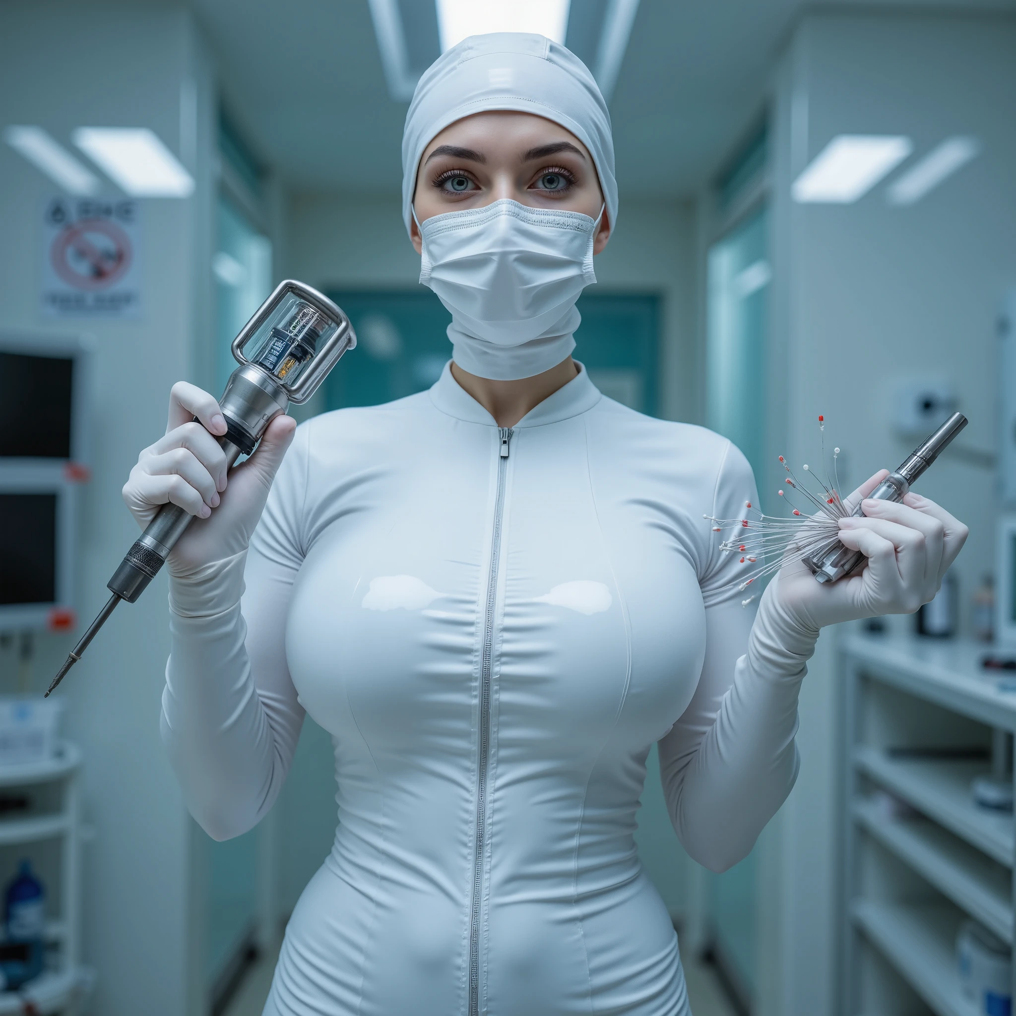 Highquality photo, photorealistic portrait of a slim young ((fullbreasted)) female nurse wearing a shiny white tight closed latexsuit, a clear transparent face shield and a white cap, ((holding a driller for brain surgery in one hand and a bundle of brainimplants with electrodes and thin long cables in the other hand)). Alone inside surgery in hospital. She is looking strict into camera, ((looking dominant determined demonic into camera, evil scowling)), tight waist, (huge round breast completely covered), (((hyper detailed))), UHD, 8K