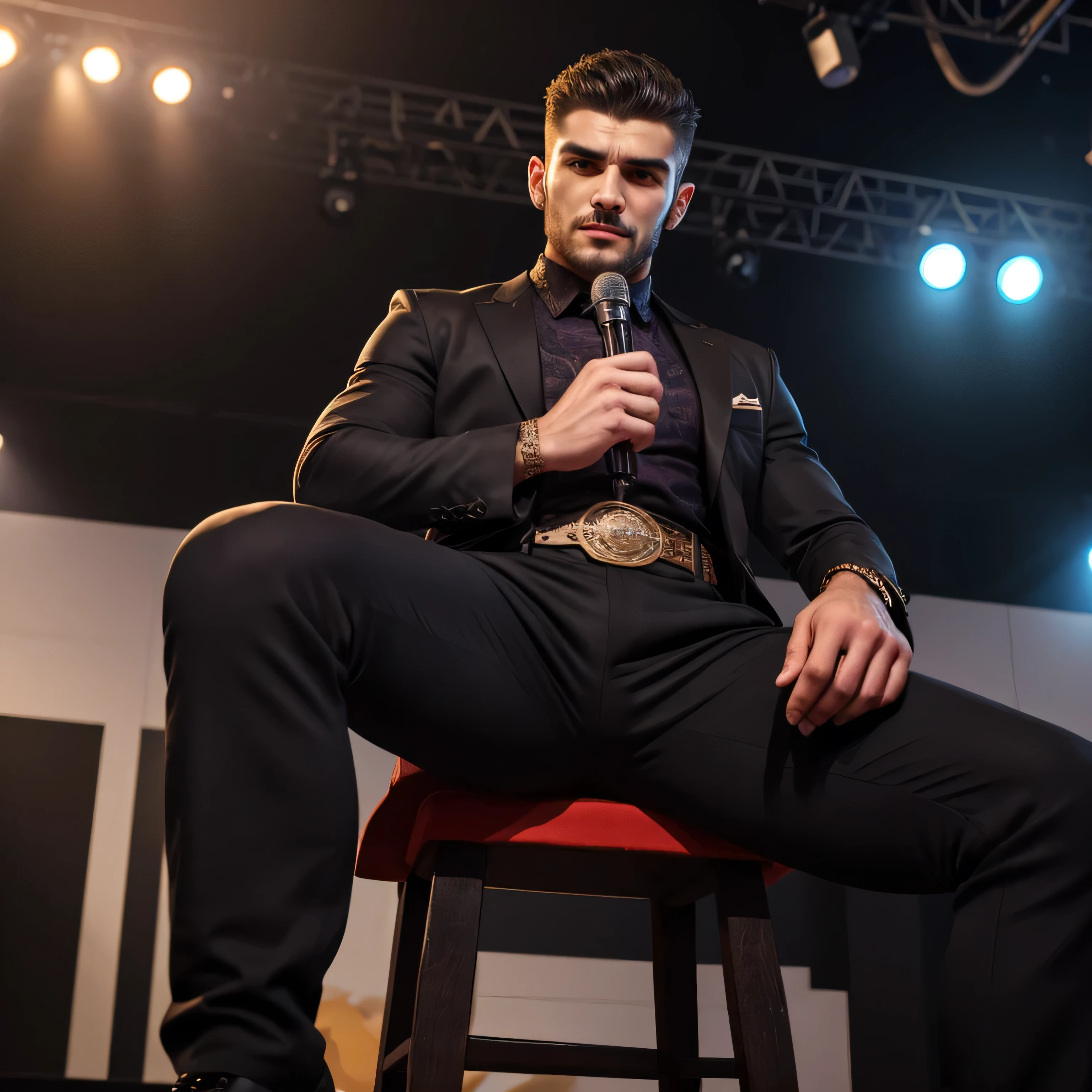 Age 25、handsome guy , 1 Man,Western costumes、Arabian face 。 short hair short hair 、On stage、Ark。 sit with legs open A manly provocation Black Slim Pants briskly as seen from below。 upper body up Menacing look It's serving fans