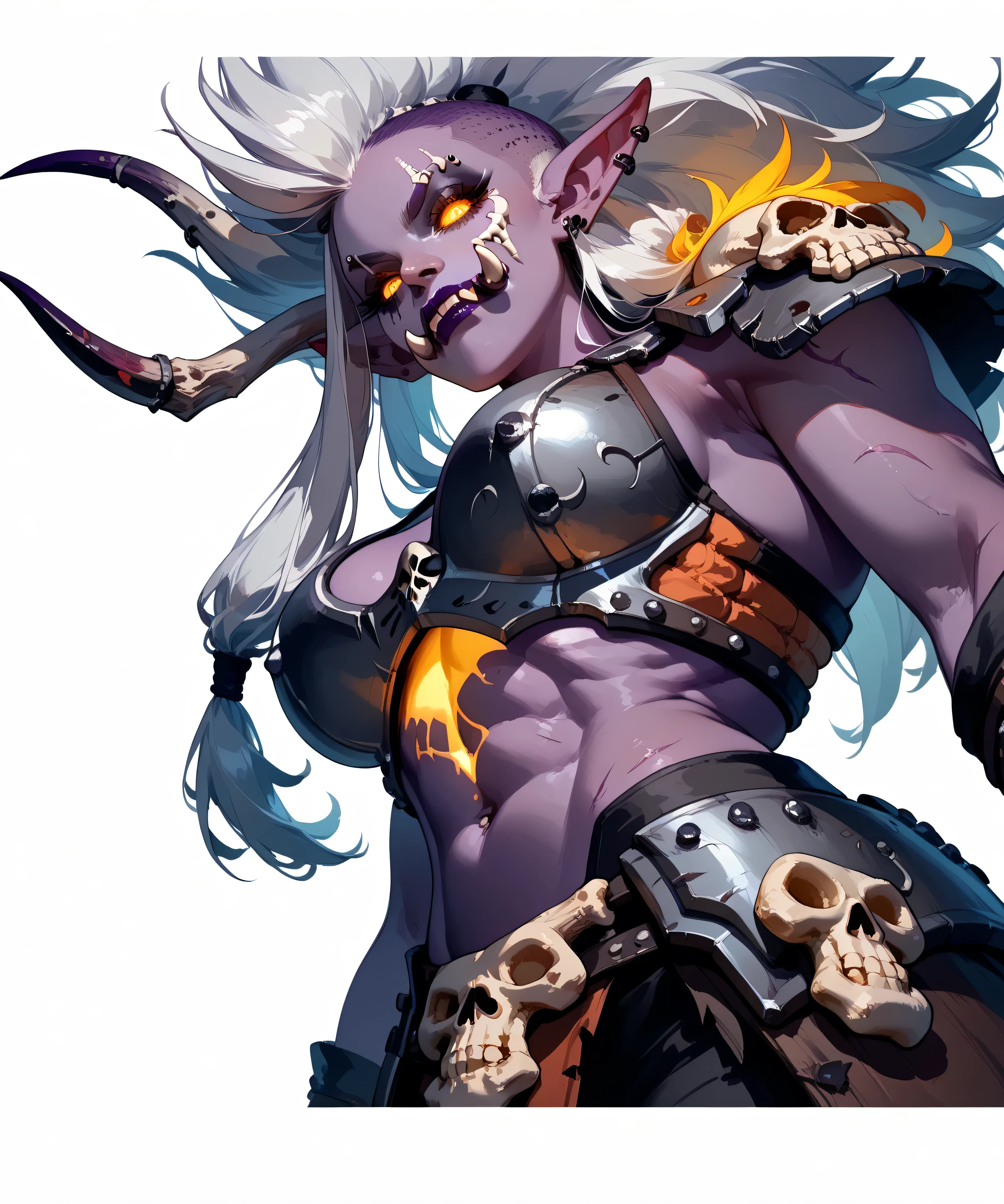 Trolls
large pointed ears, large nose, fangs
tusks, sexy beautiful female troll, toned body,, curvy, dark purple skin, white hair, (big high mohawk hairstyle:1.2), tribal tattos, sexy, ((very dark purple skin:1.1)) (dark purple skin:1.1) big tusks, raised eyebrow, fierce, powerful, menancing, grim, yellow glowing eyes, dark, evil, macabre, , voodoo shaman troll, whitch doctor, shadow hunter. highly detailed face, dynamic posing, from below, battle ready, ((in a dark swamp)) covered in blood, full of scars, scars over eye, red_tribal tattoos, shredded abs, revealing armor, sexy, (from below, focus on face, portrait, close shot:1.2) ((white background)) ((Wearing skulls, bones and ribcage, bone armor:1.5)) (upstraight, tall:1.4) ((big boobs, sexy armor))