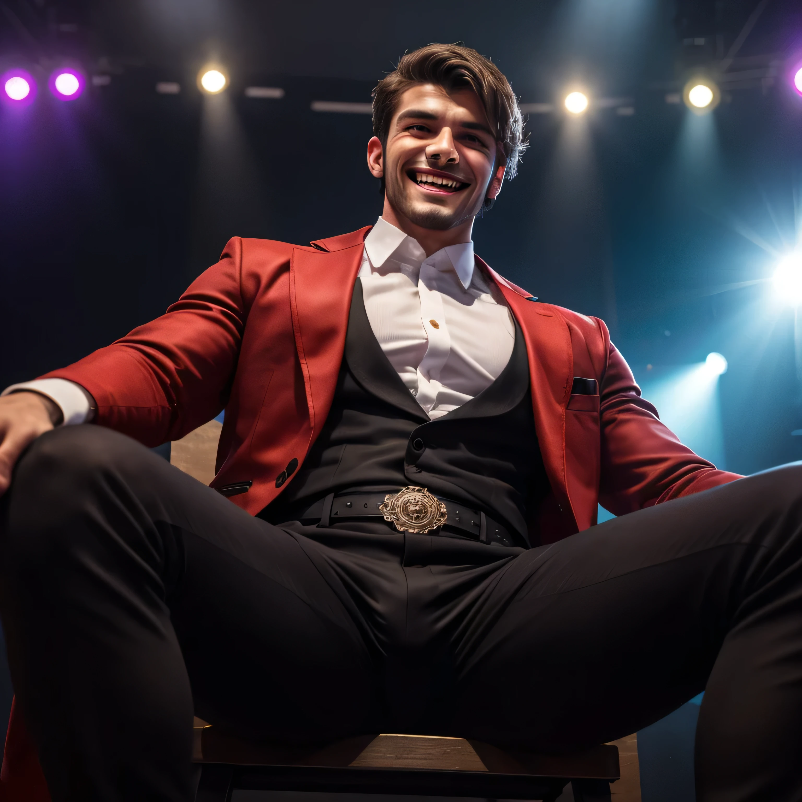Age 25、handsome guy , 1 Man,Western costumes、Arabian face 。 short hair short hair 、On stage、Ark。 sit with legs open A manly provocation Black Slim Pants briskly as seen from below。 upper body up Menacing look It's serving fans Grin