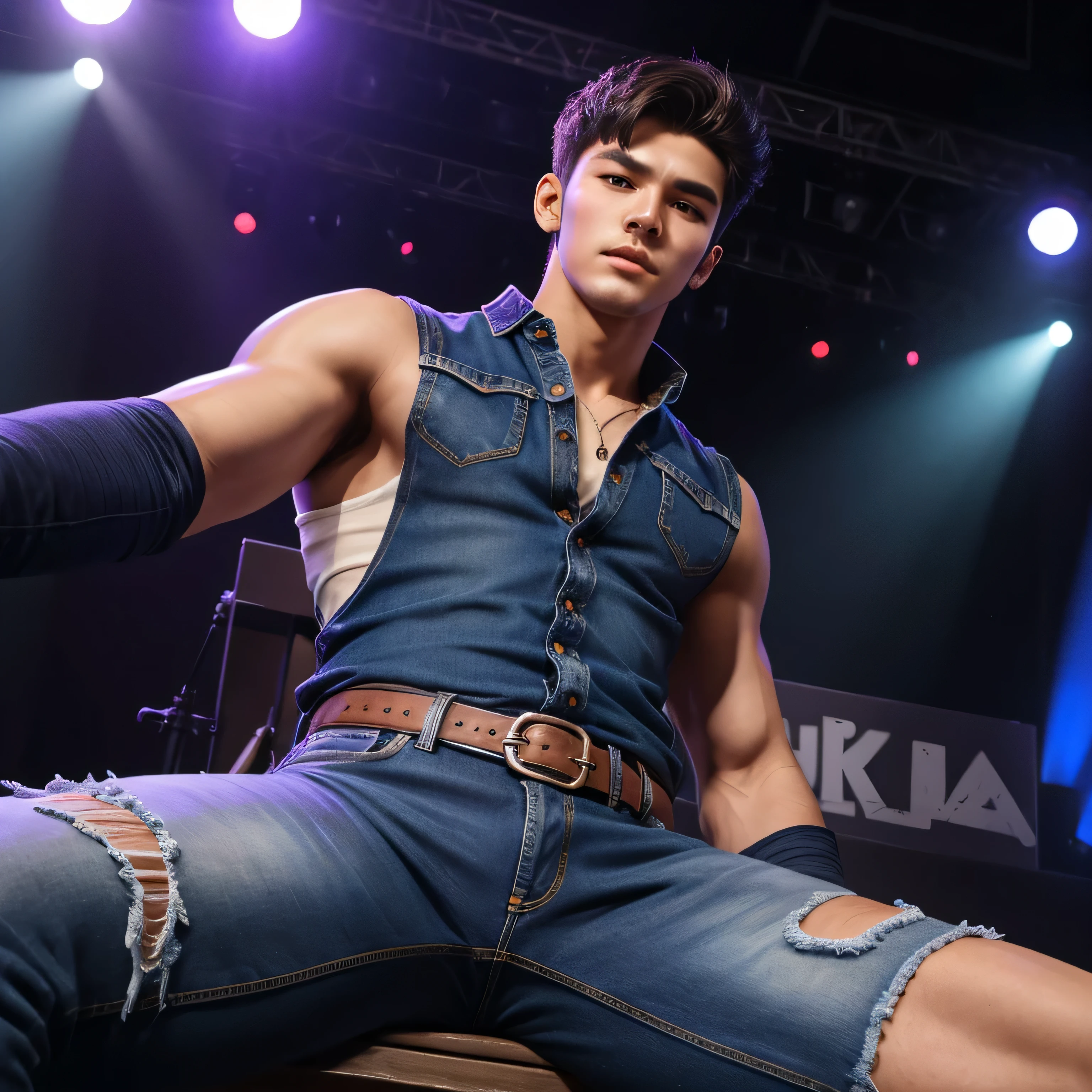 Age 25、handsome guy , 1 Man,Western costumes、Arabian face 。 short hair short hair 、On stage、Ark。 sit with legs open A manly provocation slim jeans similar to Kim Seol-young briskly as seen from below。 upper body up Menacing look It's serving fans