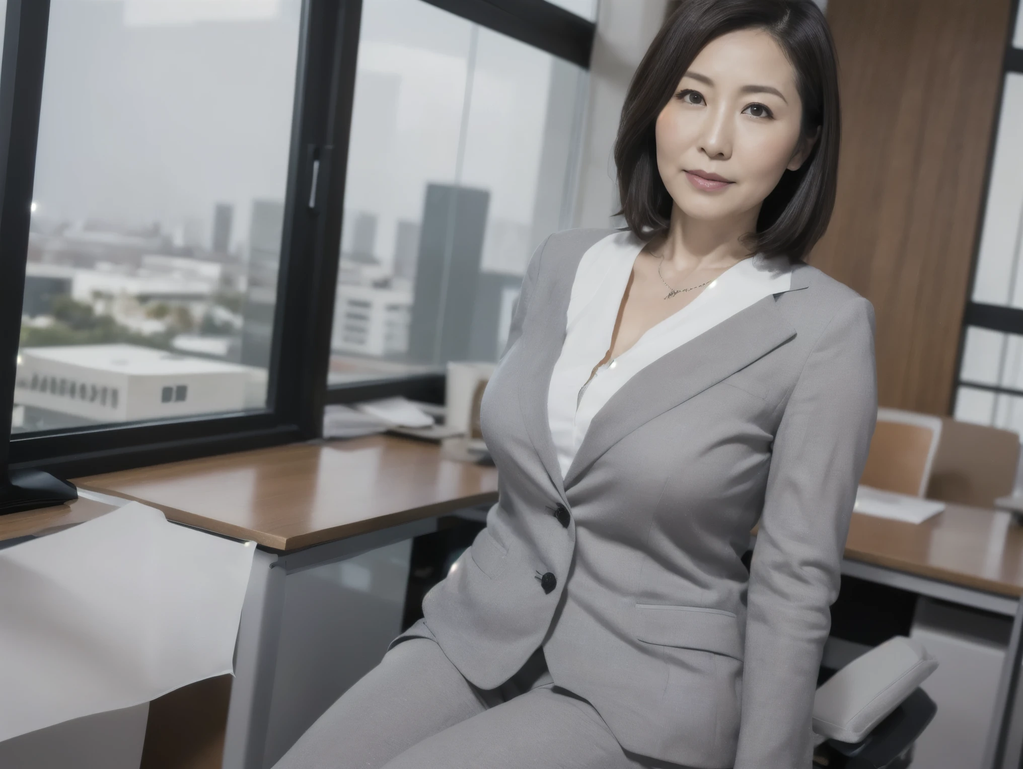 ((Japanese mature woman)), age 65, smooth fair skin with natural wrinkles around eyes and mouth, almond-shaped dark brown eyes, gentle gaze, soft pink lips, slender nose, shoulder-length straight black hair with subtle waves, light makeup, elegant and refined aura, curvy body, modest bust, slender waist, wearing (tailored grey business suit:1.3), (white blouse:1.3), simple necklace, (sitting at a desk in a real estate office:1.5), papers and documents spread out, computer monitor, office supplies, (real estate brochures and property listings visible), large windows with city view, (solo), warm ambient lighting, confident yet soft expression, professional demeanor