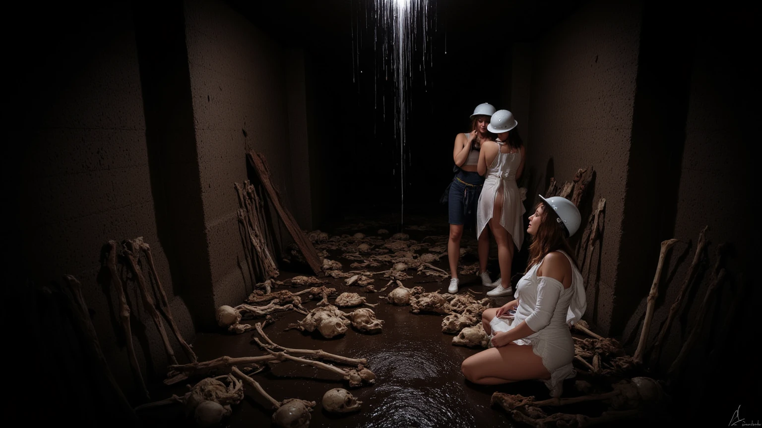 An basement in a house in iran in 1975 in which is a bathroom is located where some women are coming from through vapor and they are naked with white skin and wings
