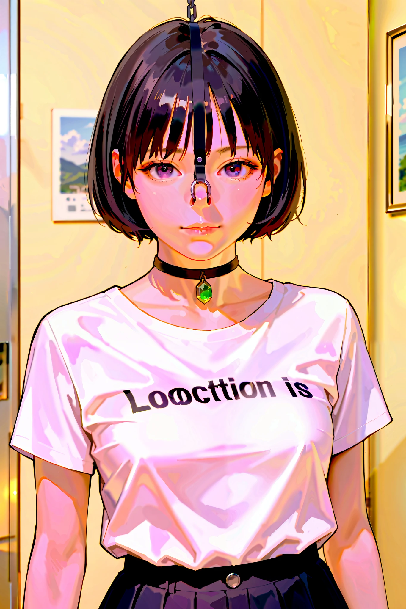 (The location is the examination room :1.5)、 (realistic, photo-realistic :1.4), (TOP QUALITY, masterpiece:1.2), RAW photo, high resolution, intricate details, very well detailed, realistic and sharp details, portraits, (Bust, front view:1.2 ), alone, beautiful Japanese woman, beautiful woman under hoodie, black hair, (short bob), detailed faces, in more detail, beautiful eyes, Refined Nose, pale skin, fine skin, ( nose hook, chain strap), ( Gem Choker), clavicle, shoulder, t-shirts, skirt,