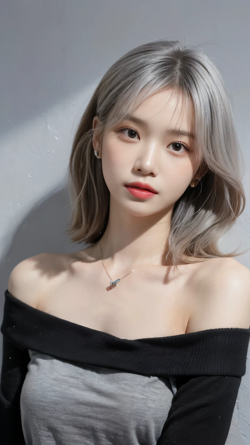 ((Masterpiece, best quality, super detailed, 4k, RAW Photo, photo-realistic)), 1 asian girl, thin face, slim body, ((grey ombre hair color)), wavy hair with layers, big nose, perfect eyes, perfect face, black t-shirt, off shoulder, wearing necklace with small pendant, earings, background wall with lots of photo cards