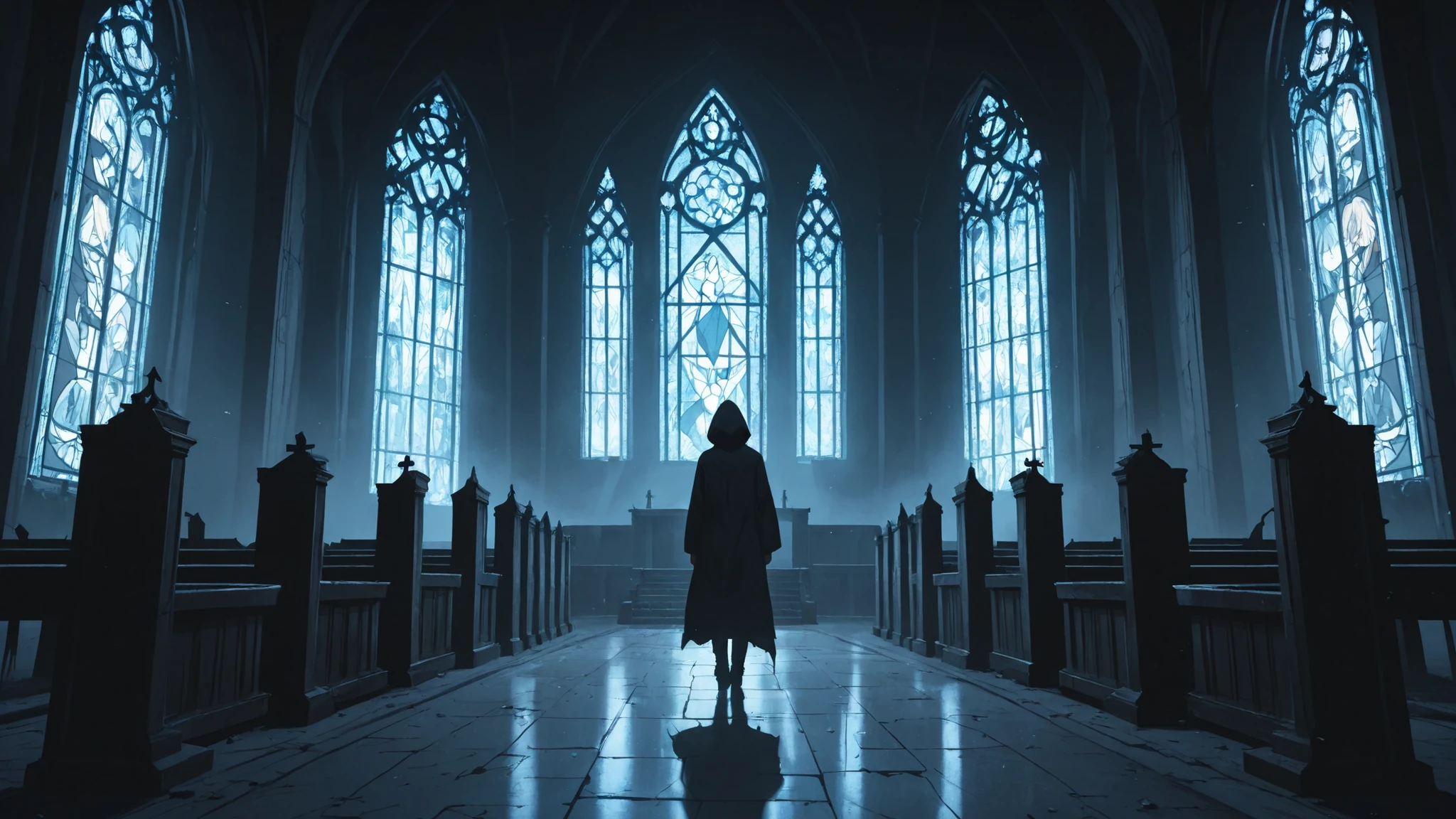 A dark, ruined church with shattered stained glass, eerie light shining through. A hooded figure in black walks slowly towards the altar. Cinematic shot, slow pan-up, anime-style, dramatic lighting.