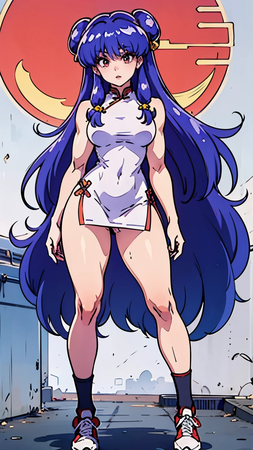 (Vendas,4k,8K, highres,Masterpiece:1.2), ultra-detailed, Realistic:1.37,Beautiful detailed eyes,beautiful detailed lips,extremely detailed eyes and face,long eyelashes,Sexy woman,sensual eyes with an intense look,open-mouthed with intense blush,Shampoo, bows on the head, purple hair, red eyes, sexy, Physical condition , , thick thighs , toned body, wide hips, narrow-waist clothing, Bare legs, (( thick thighs )) tight Chinese short dress, ((full body)) 80's anime, muscular woman , loose socks , Shoes