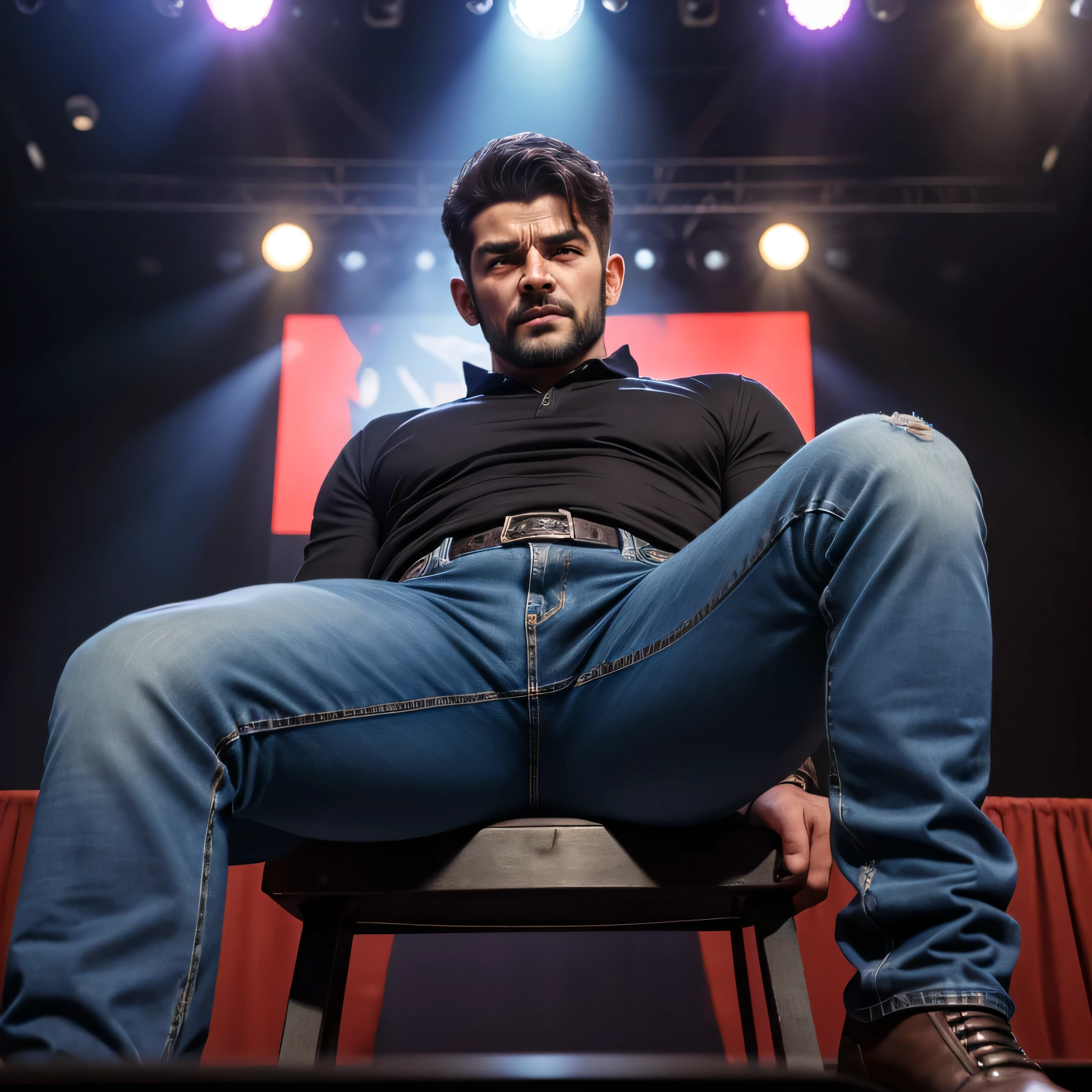 40 years old、handsome guy , 1 Man,Western costumes、Arabian face 。 short hair short hair 、On stage、Ark。 sit with legs open A manly provocation slim jeans similar to Kim Seol-young briskly as seen from below。 upper body up Menacing look It's serving fans Menacing look Pistol