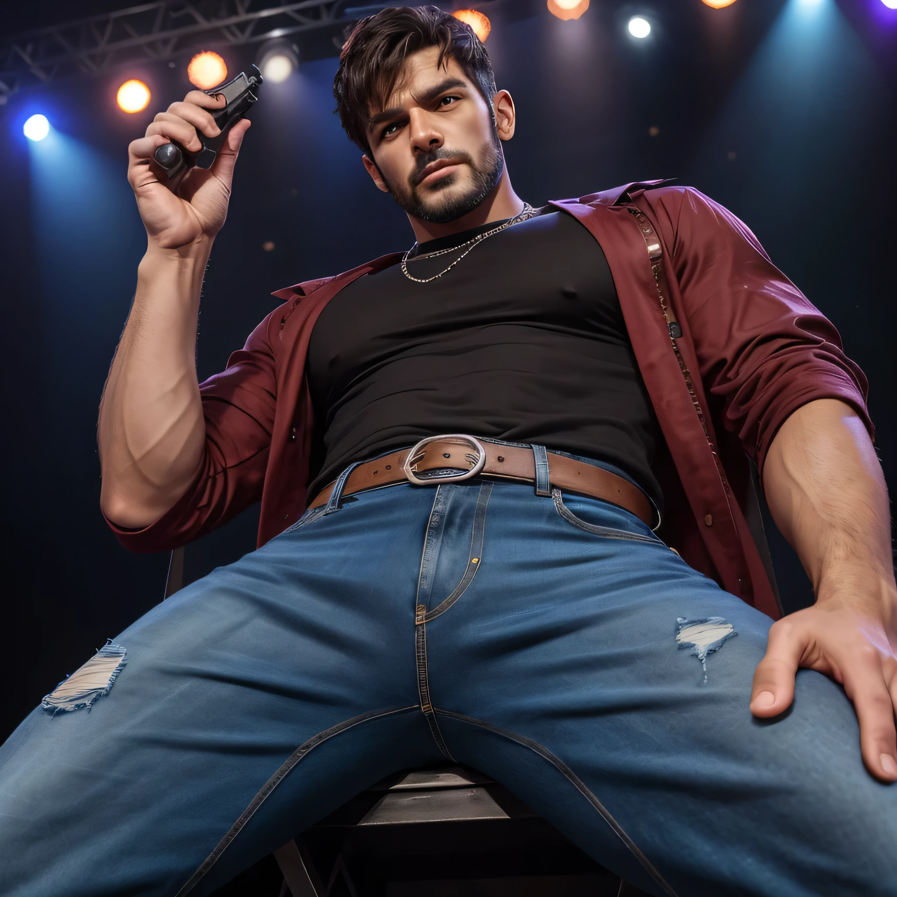 40 years old、handsome guy , 1 Man,Western costumes、Arabian face 。 short hair short hair 、On stage、Ark。 sit with legs open A manly provocation slim jeans similar to Kim Seol-young briskly as seen from below。 upper body up Menacing look It's serving fans Menacing look Pistol