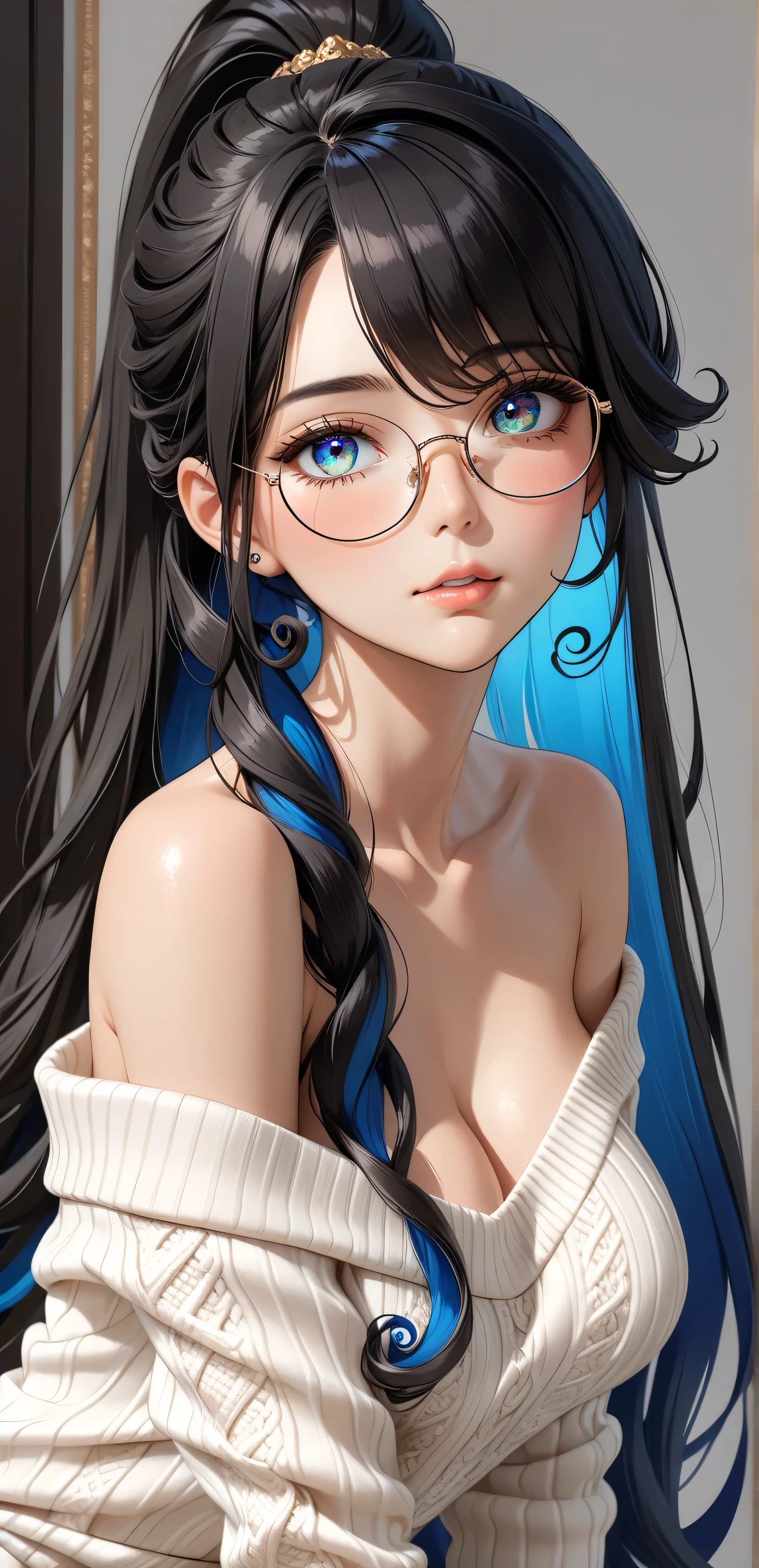 Random Sexy pose , ((Ultra detailing)), ((elegant mature women)), ((very aesthetic, best quality, ultra detailed)), intricate details, 1girl, ((long hair, Black hair, ponytail, curly, blue inner hair)), ((Multi colour eyes)), ((Detailed eyes)), ((Beautifull eyes)), ((prefect eyes)), ((Ultra detailing eyes)) ,medium breast, sharp jawline, long hair, shy, Licking her lips,,(sweater, one bare shouder, sexy glasses)),