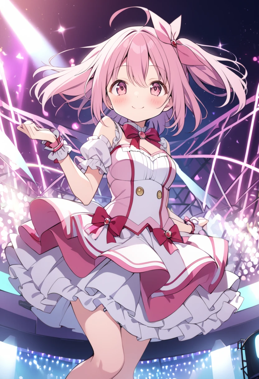 yuna, Medium HAIR, ahoge, purple eyes, pink hair,  large breasts, live stage, solo,  