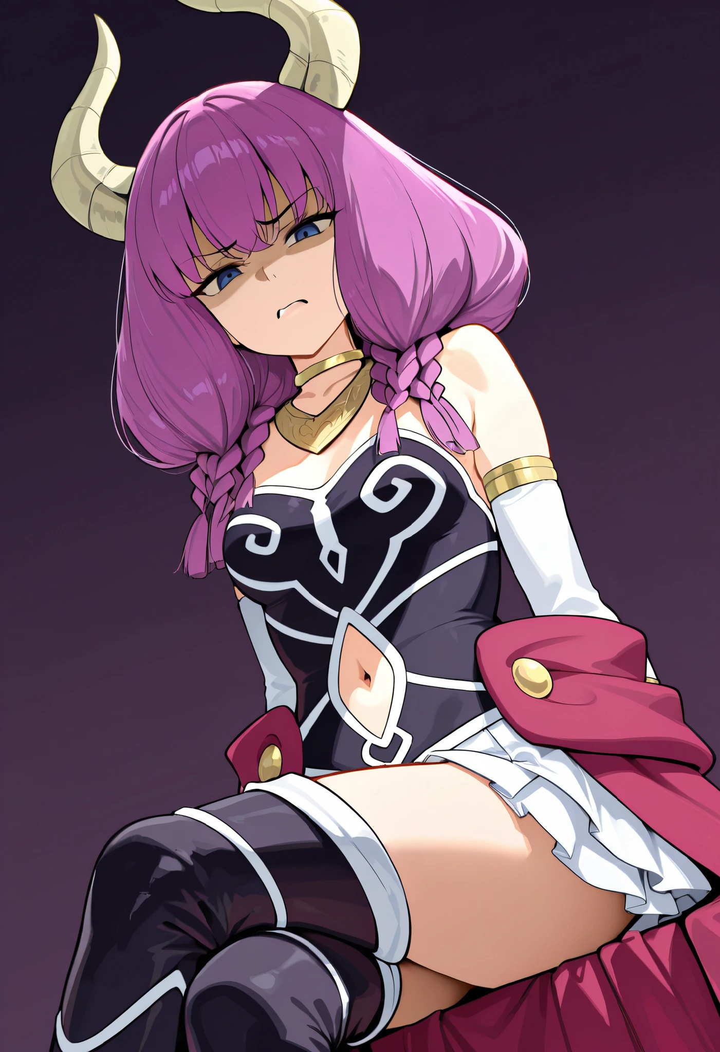 aur4, demon horns, demon girl, braid, multiple braids, purple hair, low-braided long hair, blue eyes, gold necklace, white skirt, waist cape, black corset, strapless skirt, neck ring, navel cutout, detached sleeves, thigh boots,sitting, crossed legs, looking down at viewer, dutch angle, disgust, simple background,
