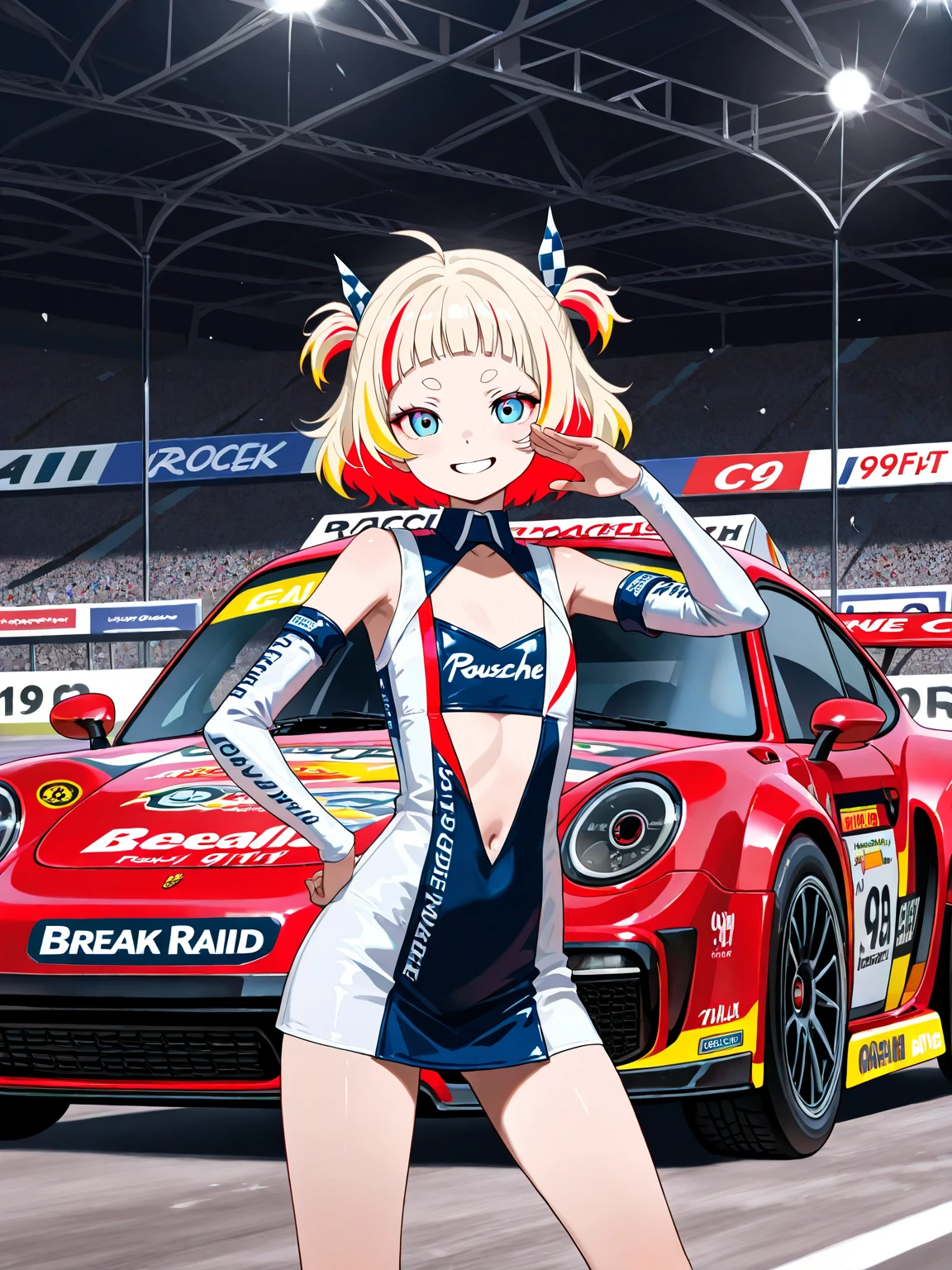 1 girl, 18yo, flat chest, blue eyes, light brown hair, bob cut, smile, open mouth, race queen, grid girl, sleeveless, mini skirt, circuit pits and racing cars line up in the background, upper body, (various pose:1.5), 8k, RAW photo, best quality, masterpiece, extremely detailed 8k wallpaper, ultra-detailed, best shadow, detailed background, beautiful detailed face, beautiful detailed eyes, nice hands, perfect hands
