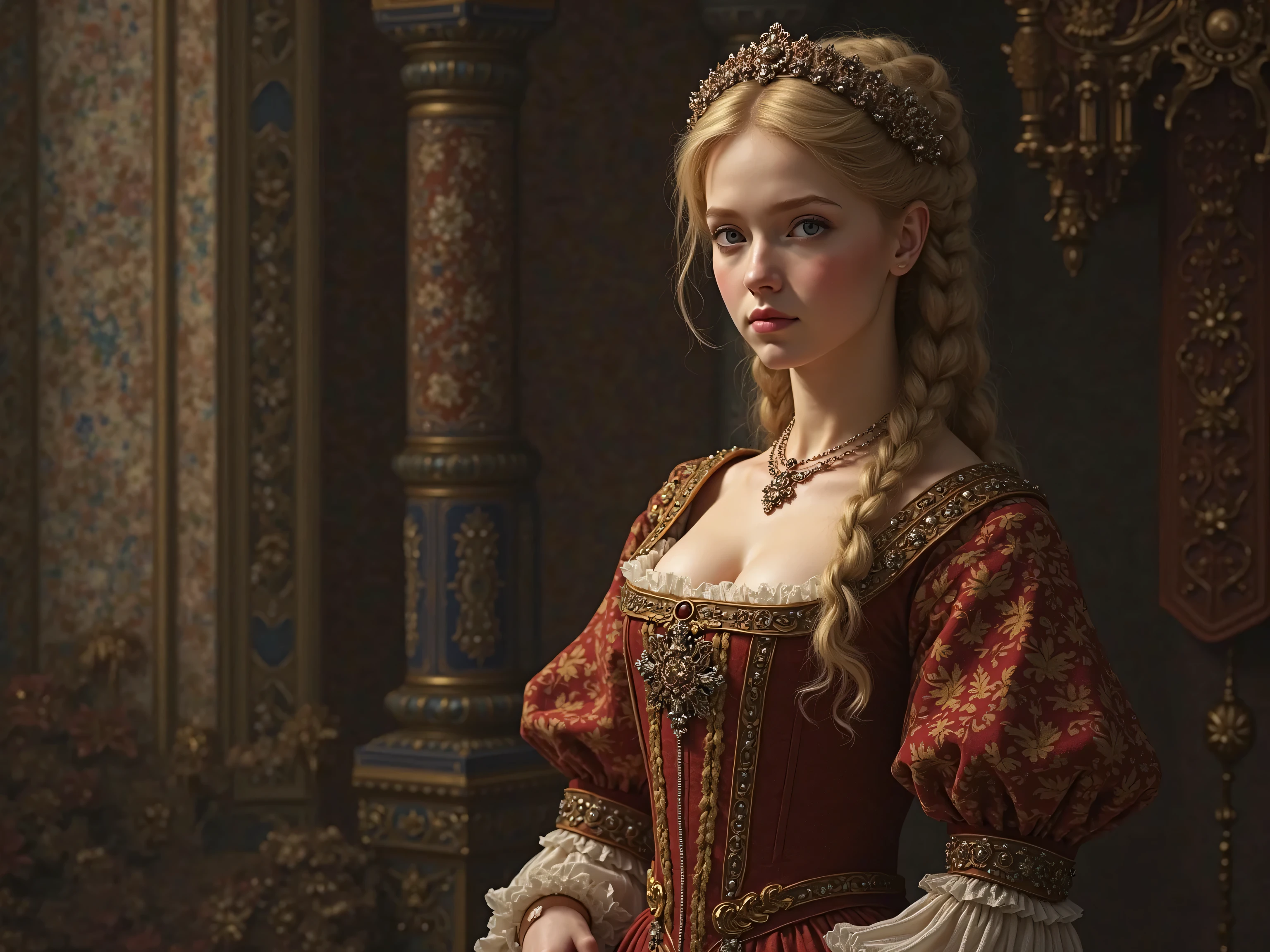 1400s, candid photo of young susanhmnwy as a high-nobility princess, wearing (opulent gown) with intricate jewelry, head accessories, posing for a portrait in front of a throne room in her medieval castle, close-up,
perfect hands, (masterpiece, photorealistic:1.2), high quality, intricate details, highly detailed background, 8k, vivid colors, rich, extravagant, exquisite, Ultra-HD-details, (lively-looks), rembrandt lighting,
<lora:add_detail:0.8>