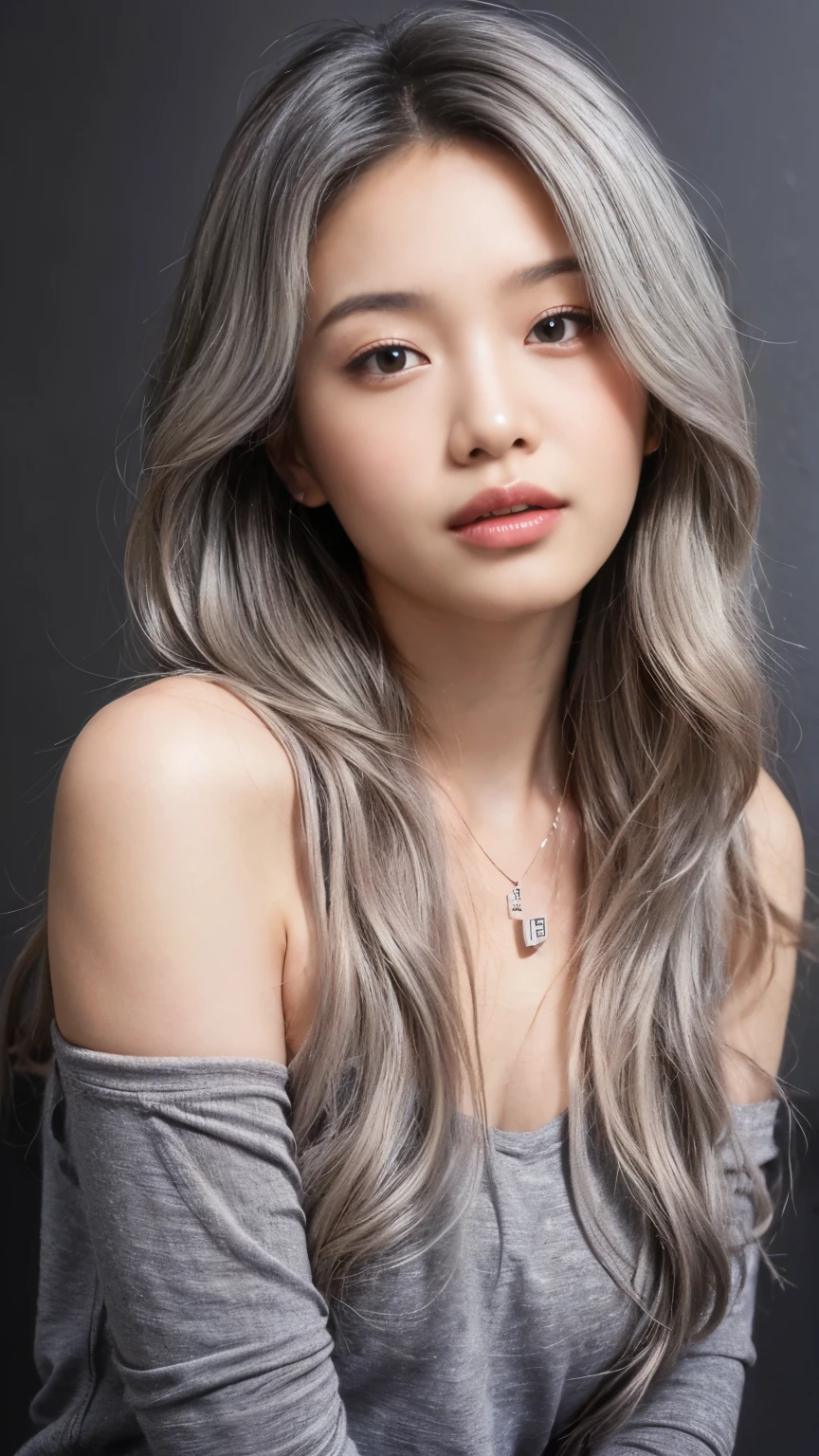 ((Masterpiece, best quality, super detailed, 4k, RAW Photo, photo-realistic)), 1 asian girl, thin face, slim body, ((grey ombre hair color)), wavy hair with layers, big nose, perfect eyes, perfect face, black t-shirt, off shoulder, wearing necklace with small pendant, earings, realistic background