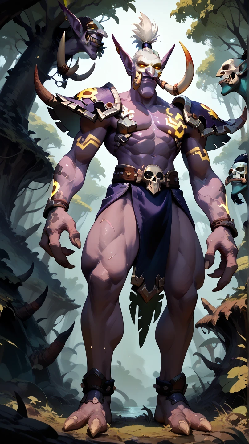 Trolls
large pointed ears, large nose, fangs
tusks, male troll, toned body,, dark purple skin, white hair, (big high mohawk hairstyle:1.2), tribal tattos, ((very dark purple skin:1.1)) (dark purple skin:1.1) big tusks, raised eyebrow, fierce, powerful, menancing, grim, yellow glowing eyes, dark, evil, macabre, , voodoo shaman troll, whitch doctor, shadow hunter. highly detailed face, dynamic posing, from below, battle ready, ((in a dark swamp)) covered in blood, full of scars, scars over eye, red_tribal tattoos, ((zandalari armor)) (upstraight, tall:1.4) brutal, powerful, male troll ((huge tusks)) ((extremely muscular warrior:1.4) ((huge troll nose)) ((full body view)) ((voodoo priest)) ((skull warpaint mask))