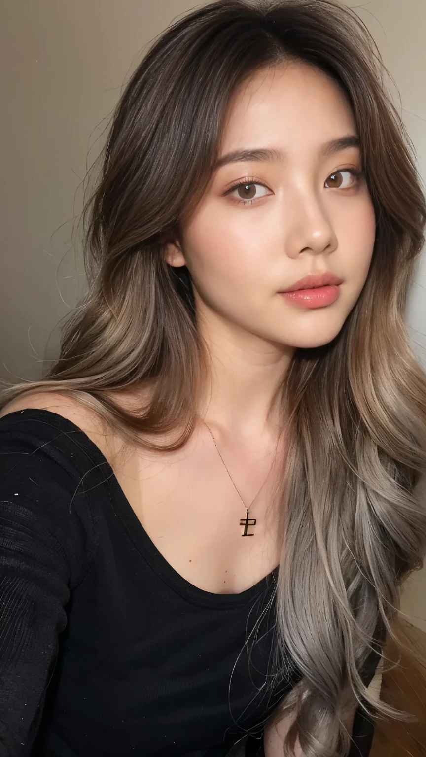 ((Masterpiece, best quality, super detailed, 4k, RAW Photo, photo-realistic)), 1 asian girl, thin face, slim body, ((grey ombre hair color)), wavy hair with layers, big nose, perfect eyes, perfect face, black t-shirt, off shoulder, wearing necklace with small pendant, earings, realistic background