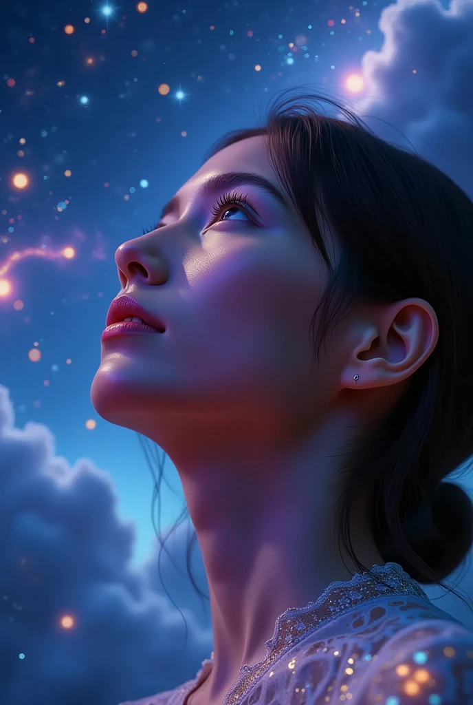 Close-up artistic photo of a woman's face profile looking up at the night sky. Lots of light particles glowing with colorful lights, purple blurry light cloud, blue blurry light cloud, orange blurry light cloud, 8K artistic portrait photography, beautiful digital art, background is mystical space with blurry blue glow in the dark