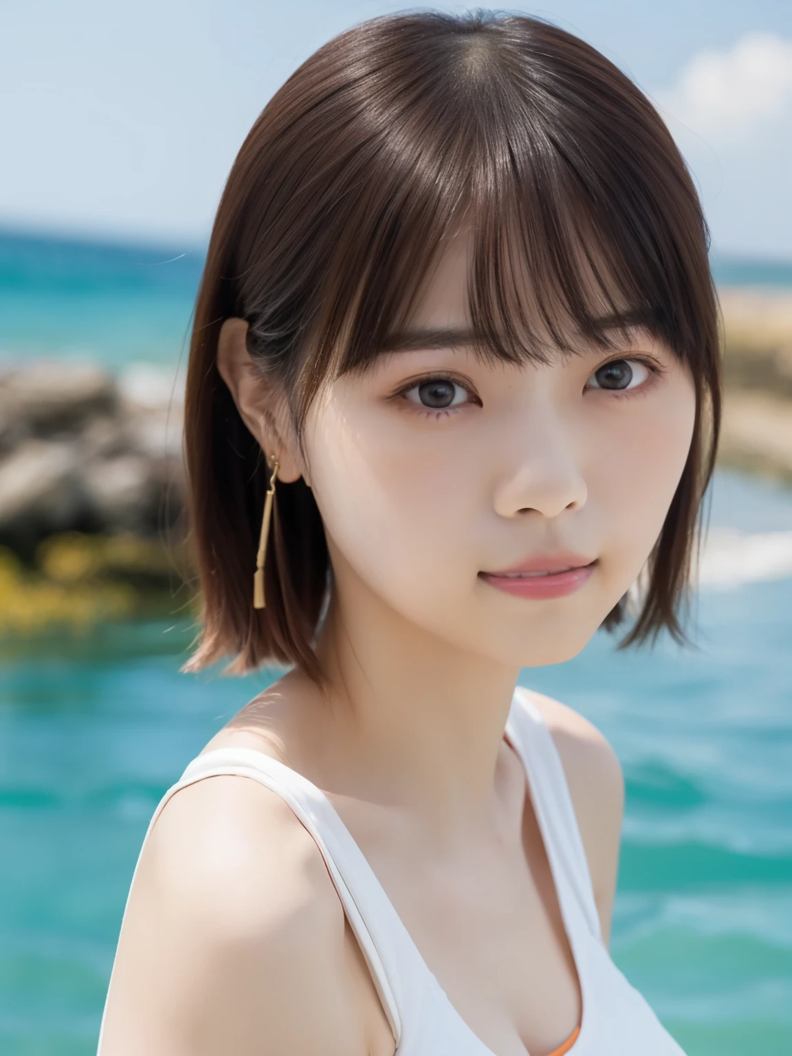 Upper Body, face, Black shiny swimsuit, RAW Photos, Realistic:1.6, quality:1.5, 8k, masterpiece:1.3, Ultra-high resolution:1.0, Sharp focus:1.2, Big Breasts:1.2, Beautiful woman with perfect figure:1.4, Slim Abs:1.2, Wet body:1.5, 非常に詳細なfaceと肌の質感, fine grain, double eyelid, Silver short hair, perfect face balance, cute, 笑face, sunny day, sunset, 150mm, Beautiful studio soft light, Rim Light, Sharp details, Ultra-realistic, Octane Rendering, Beautiful skin in every detail, Realistic Skin, At the Beach, sunny day、Sexy pose、Gal、blonde、Japanese