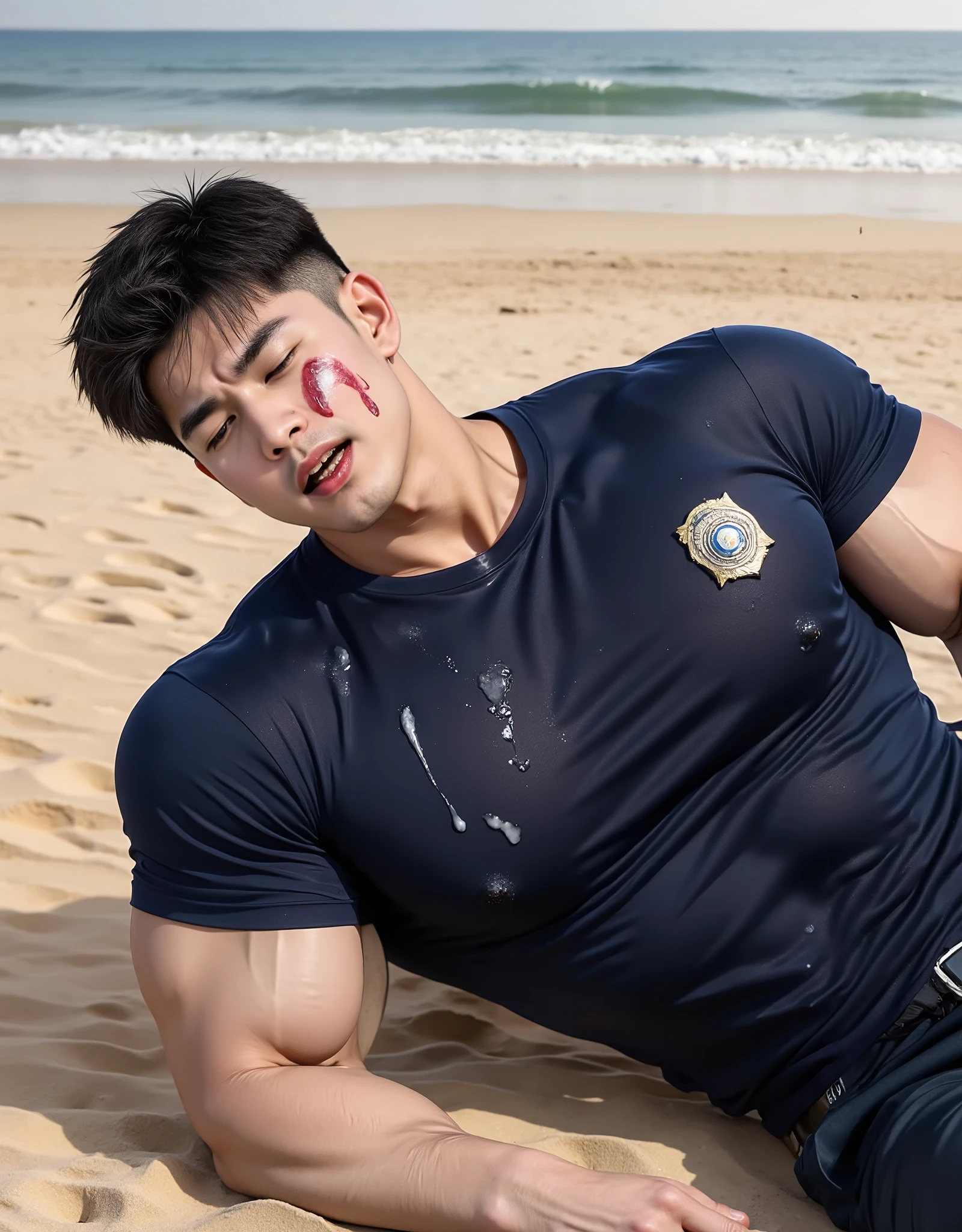 handsome korean man ,(Wear a navy short-sleeved crew neck top:1.5), There was a police badge, big muscles, lying on the floor , ( Cum on Face:1.8),Lying on the sand, by the sea, he wept in agony, with a slight bruise of blood on his cheek. ,, Nail marks on the face, ( Cum on Face:1.8), liquid cum , ( cum and semen on his penis and body and face 1.5)