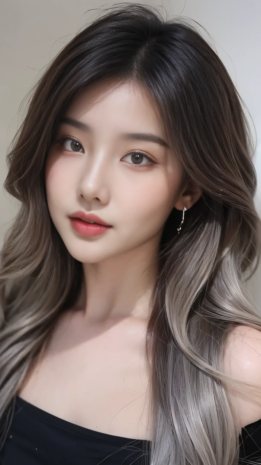 ((Masterpiece, best quality, super detailed, 4k, RAW Photo, photo-realistic)), 1 asian girl, thin face, slim body, ((grey ombre hair color)), wavy hair with layers, big nose, perfect eyes, perfect face, black t-shirt, off shoulder, wearing necklace with small pendant, earings, realistic background, pale skin, ((full body photography))