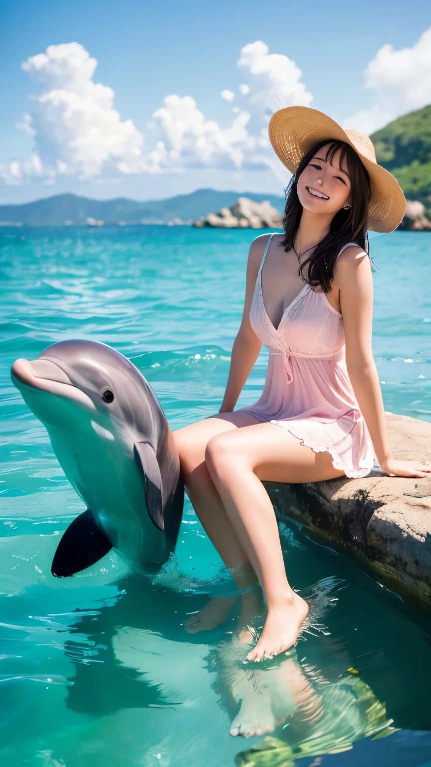 Korean woman in swim suit riding on a dolphin

