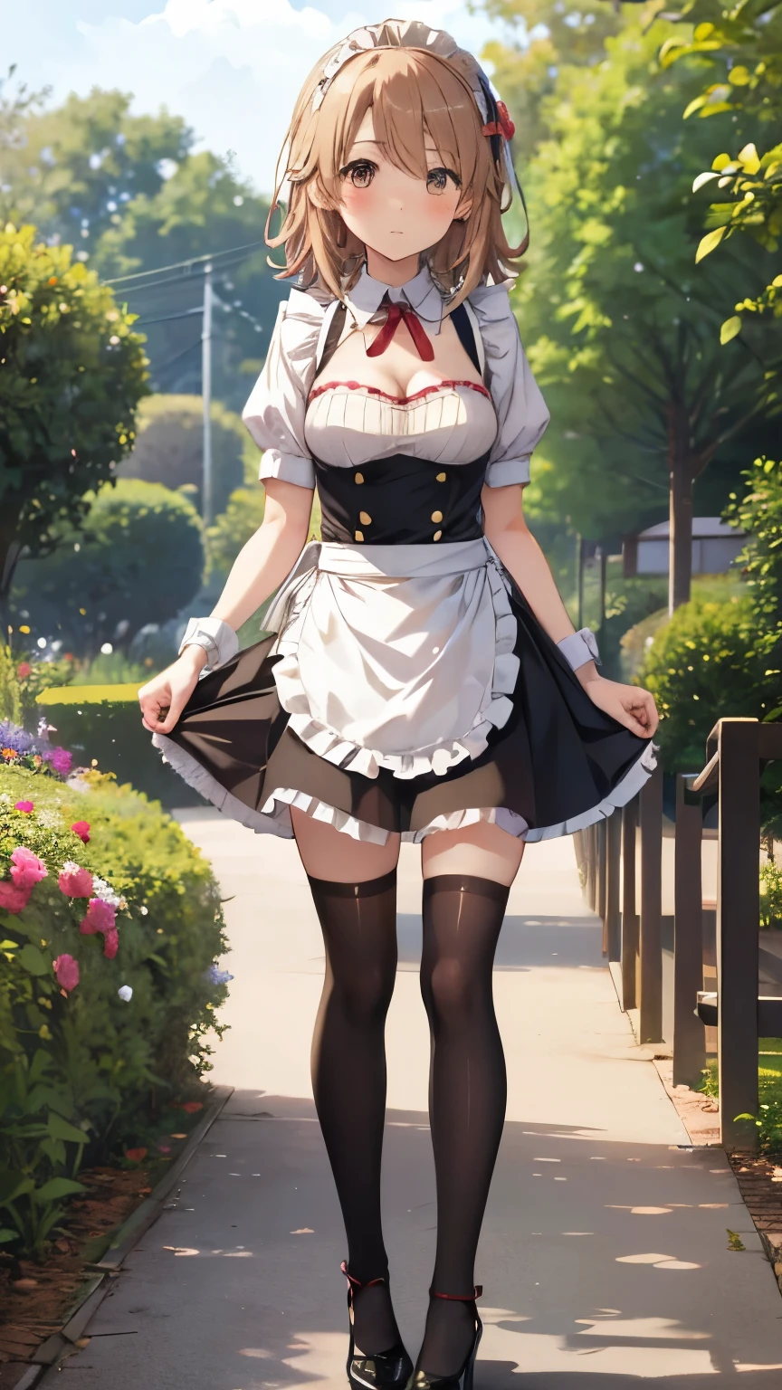 (pixel-perfect, detail-perfect), solo, 1girl, highly detailed, absirdres, masterpiece, illustration, game cg, hanamaru kunikida, beautiful detailed eyes, amber eyes, detailed face, maid, city street, thigh highs, high heels, cleavage, glossy lips, light smile