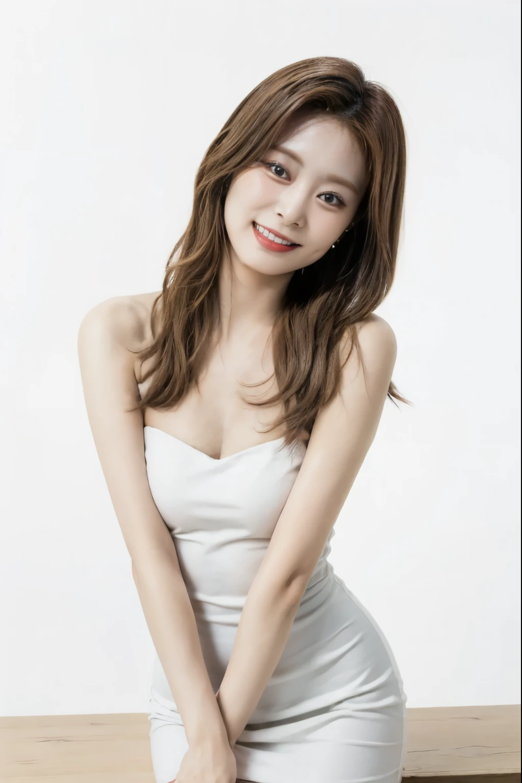 Tzuyu, (realistic), (hyperrealism), best quality, masterpiece, (photorealistic:1.4), Ultra High Res, UHD, (plain white background:1.6), 1girl, adorable, solo, (smile), (face details: 1), (eye details:1), (slim body), Cute posed, proportional body, (full body:1.4), sexy pose, (wearing tight fit dress), sexy strapless dress, (facing viewer), happy, smile showing teeth, (looking at viewer), pose on table