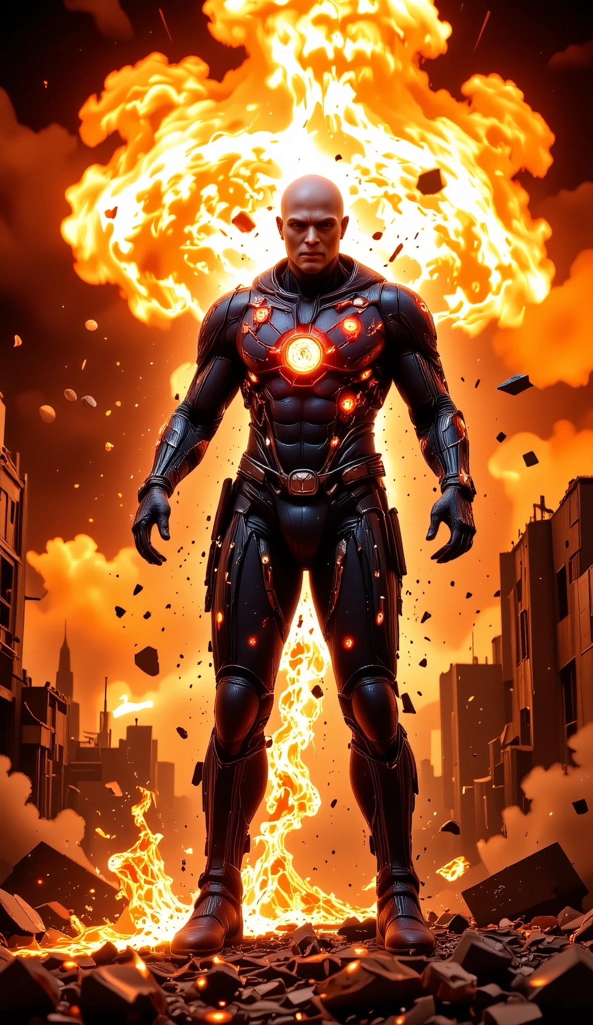 A bald-headed superhero stands in the midst of a massive explosion, his body disintegrating into glowing red particles that scatter in all directions. His muscular form, once clad in a tattered, high-tech suit, is now dissolving into pure energy, the fragments of his existence drifting into the fiery blast.
The background is a devastated cityscape, with shockwaves and debris flying through the air, while the explosion's blinding light casts dramatic shadows on the crumbling buildings. His face, partially disintegrated, still holds a look of determination and sacrifice, his final moment frozen in time.
The atmosphere is epic, emotional, and intense, capturing the raw power of a hero’s last stand as he becomes one with the energy around him.
Hyper-detailed, photorealistic, cinematic lighting, dramatic sci-fi aesthetic