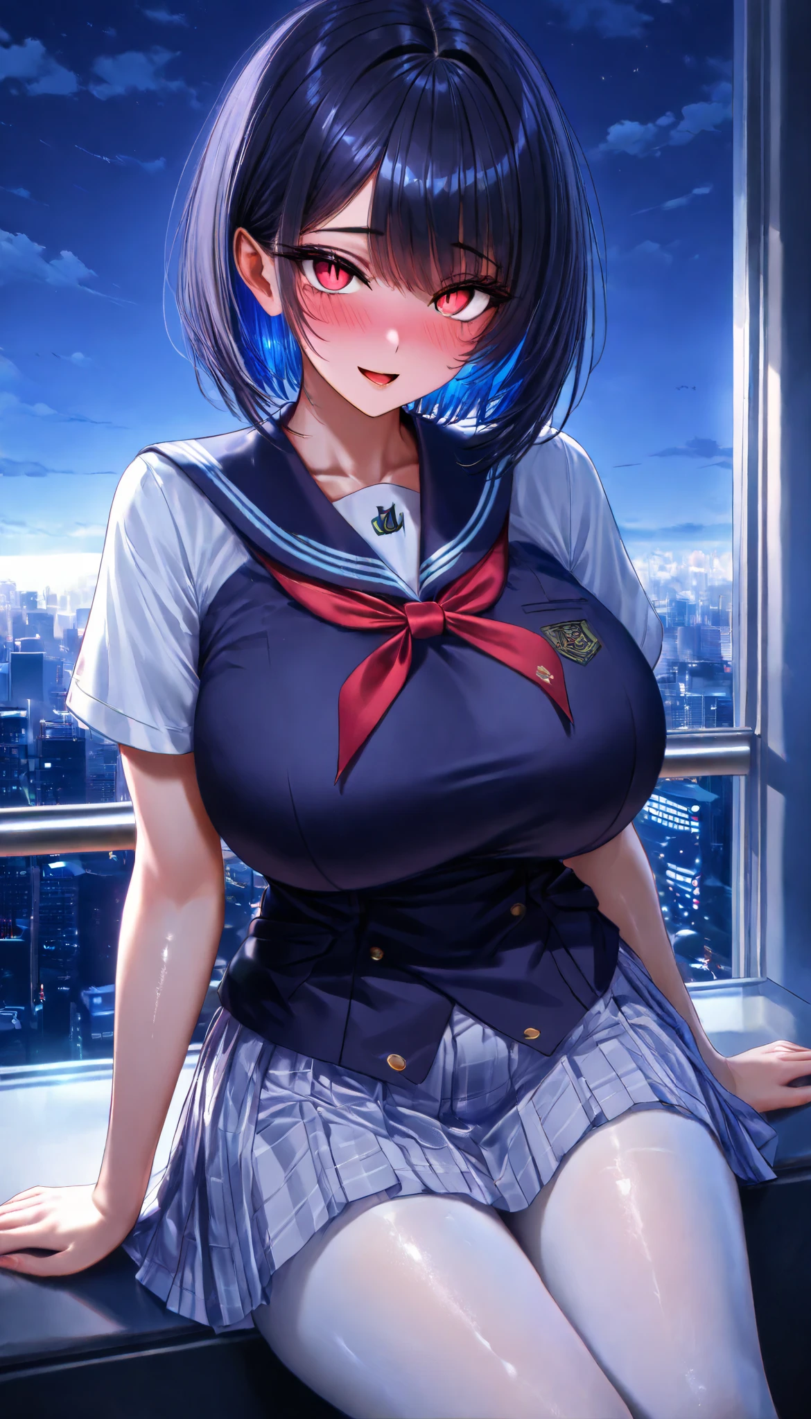 SOLO, A Female ,Perfect body ,big oppai, Shiny skin, (colored inner hair, short hair), Pink insect eye,red slit pupils, Sitting on a Lux Sofa Near the window, (Wearing A White Short sleeves JK Uniform), White Silk pantyhose, In A Apartment room, Torogao, Yandere, Midnight, UHD, anatomically correct, masterpiece, textured skin, high details, highres, 1080P, 16k, accurate, textured skin, best quality, Beautiful face, Perfect face, Highly detailed beautiful face and eyes, Attractive face, Detailed face, Delicate facial features, Detailed skin,Cowboy shot