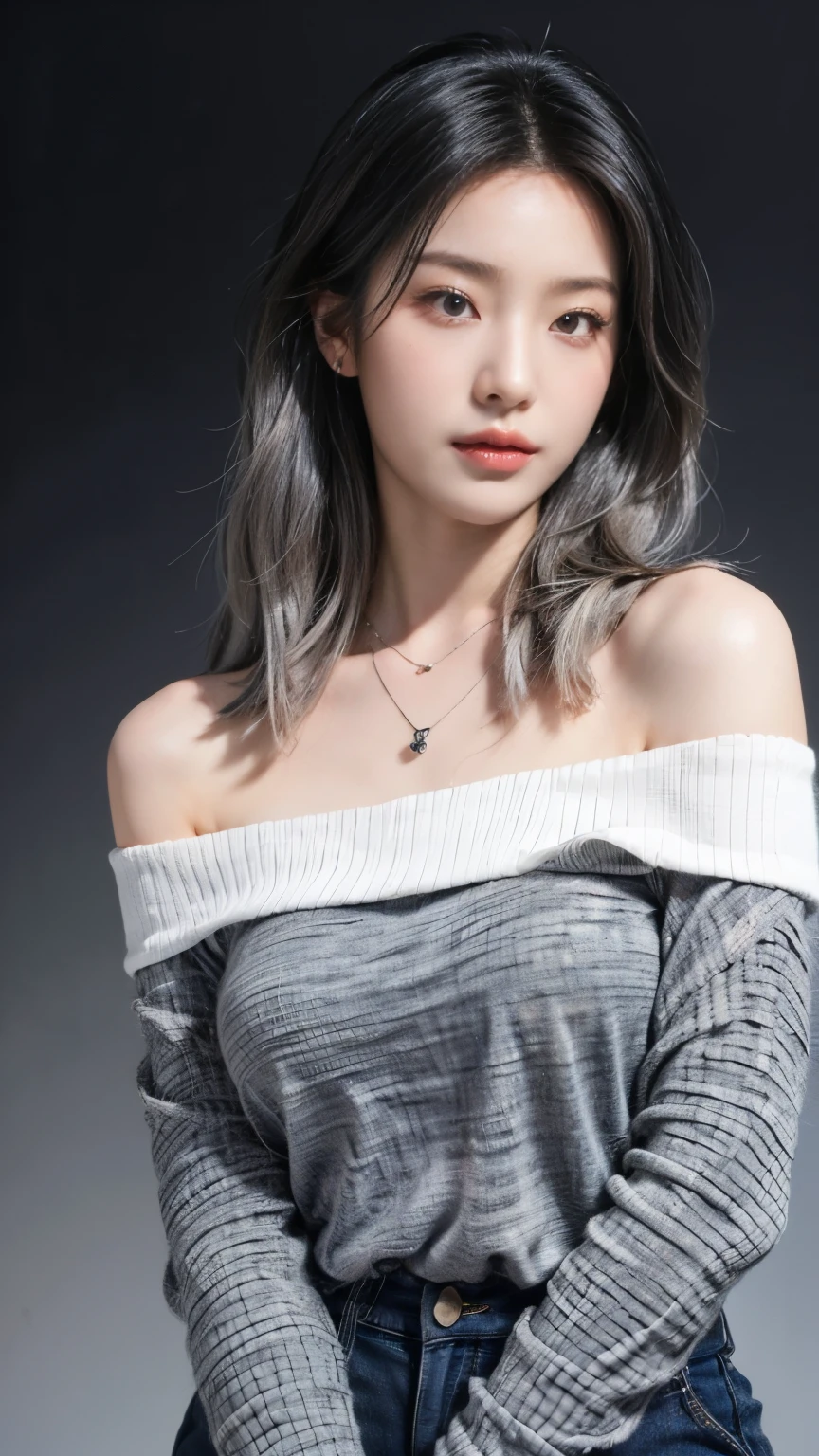 ((Masterpiece, best quality, super detailed, 4k, RAW Photo, photo-realistic)), 1 asian girl, thin face, slim body, ((grey ombre hair color)), wavy hair with layers, big nose, perfect eyes, perfect face, black t-shirt, off shoulder, wearing necklace with small pendant, earings, realistic background, pale skin, ((full body photography))